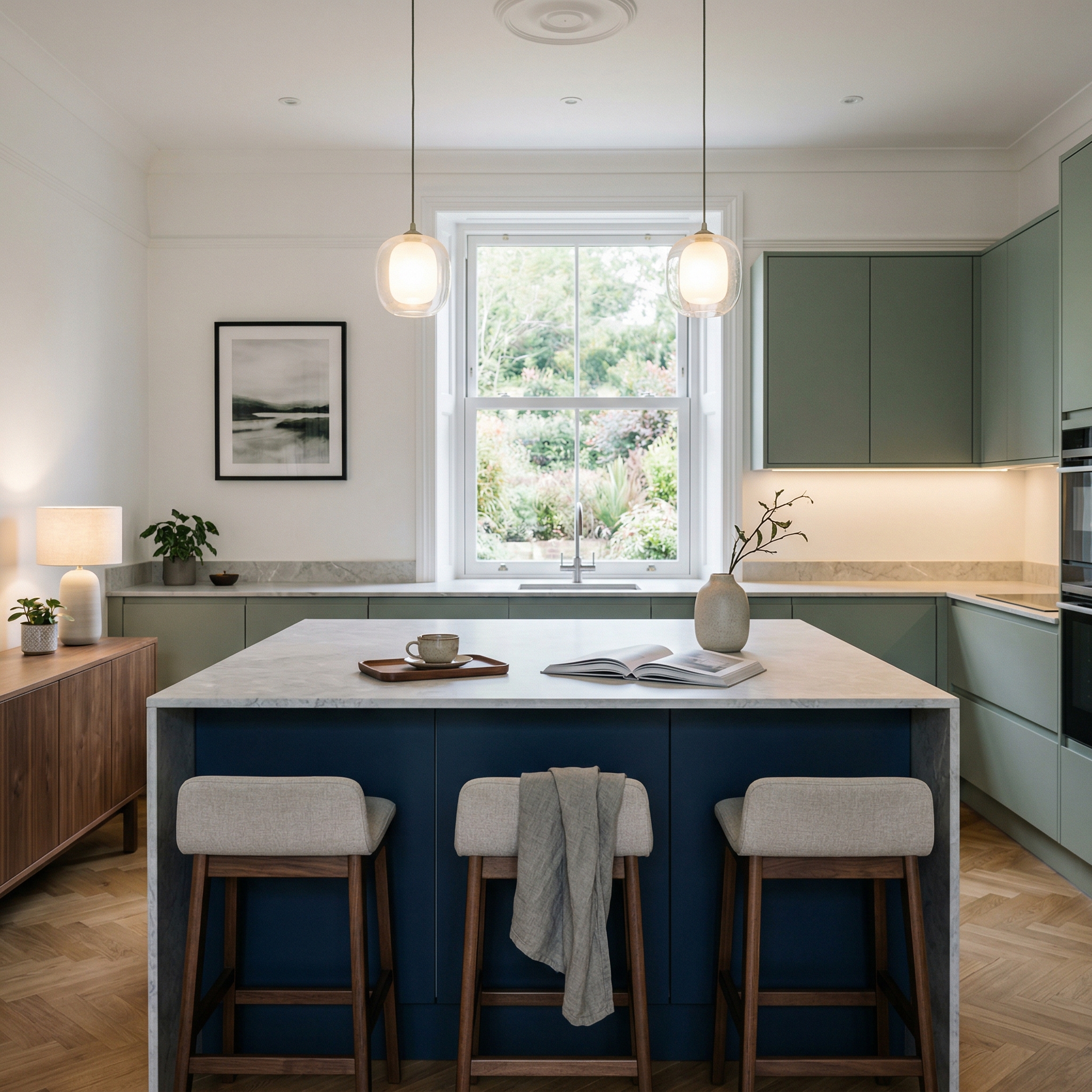 Bespoke kitchen island detail, contemporary painted lay-on cabinetry with quality joinery