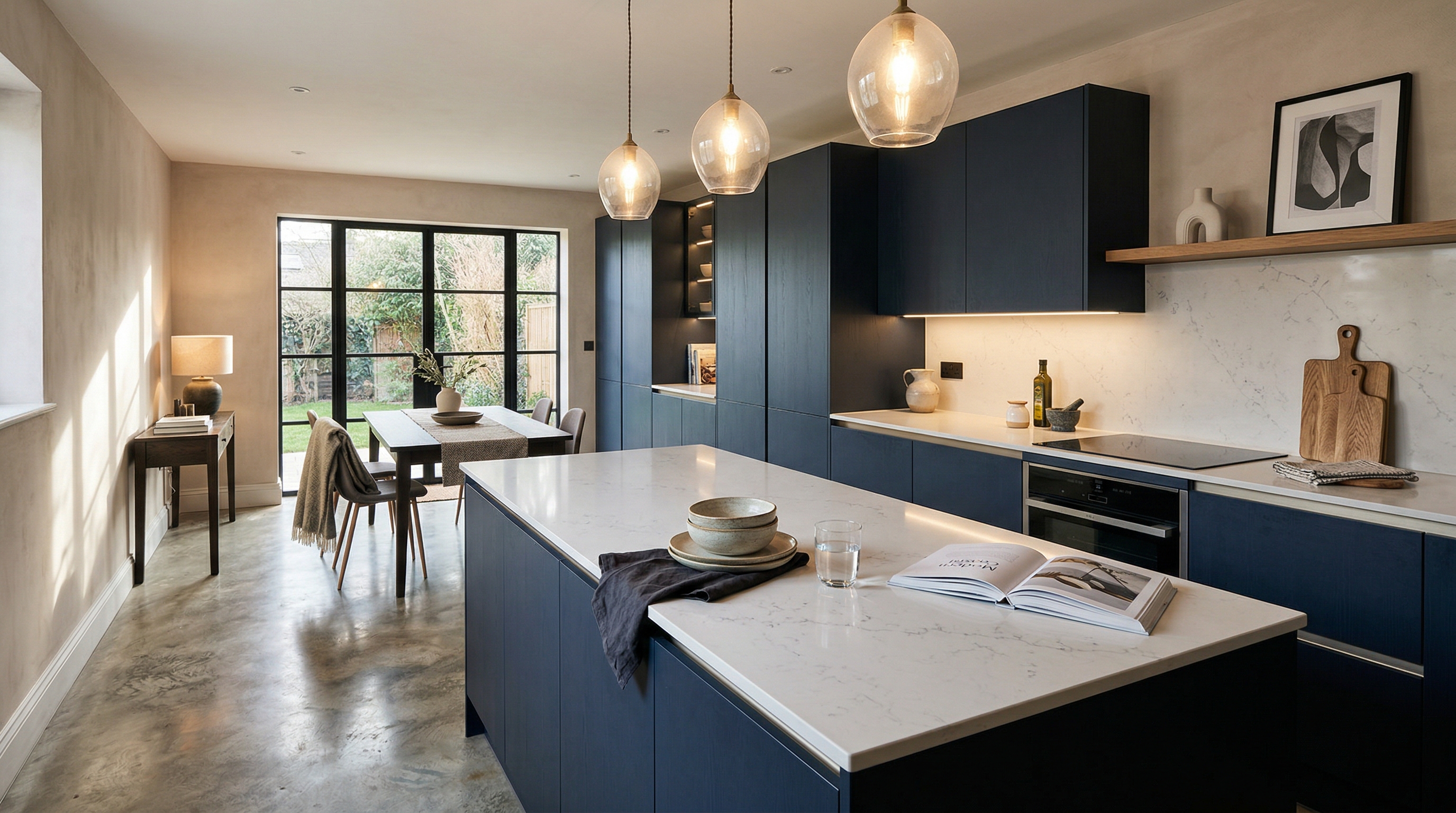 Mastercraft bespoke kitchen in Penryn, wide architectural view showing room volume and design quality