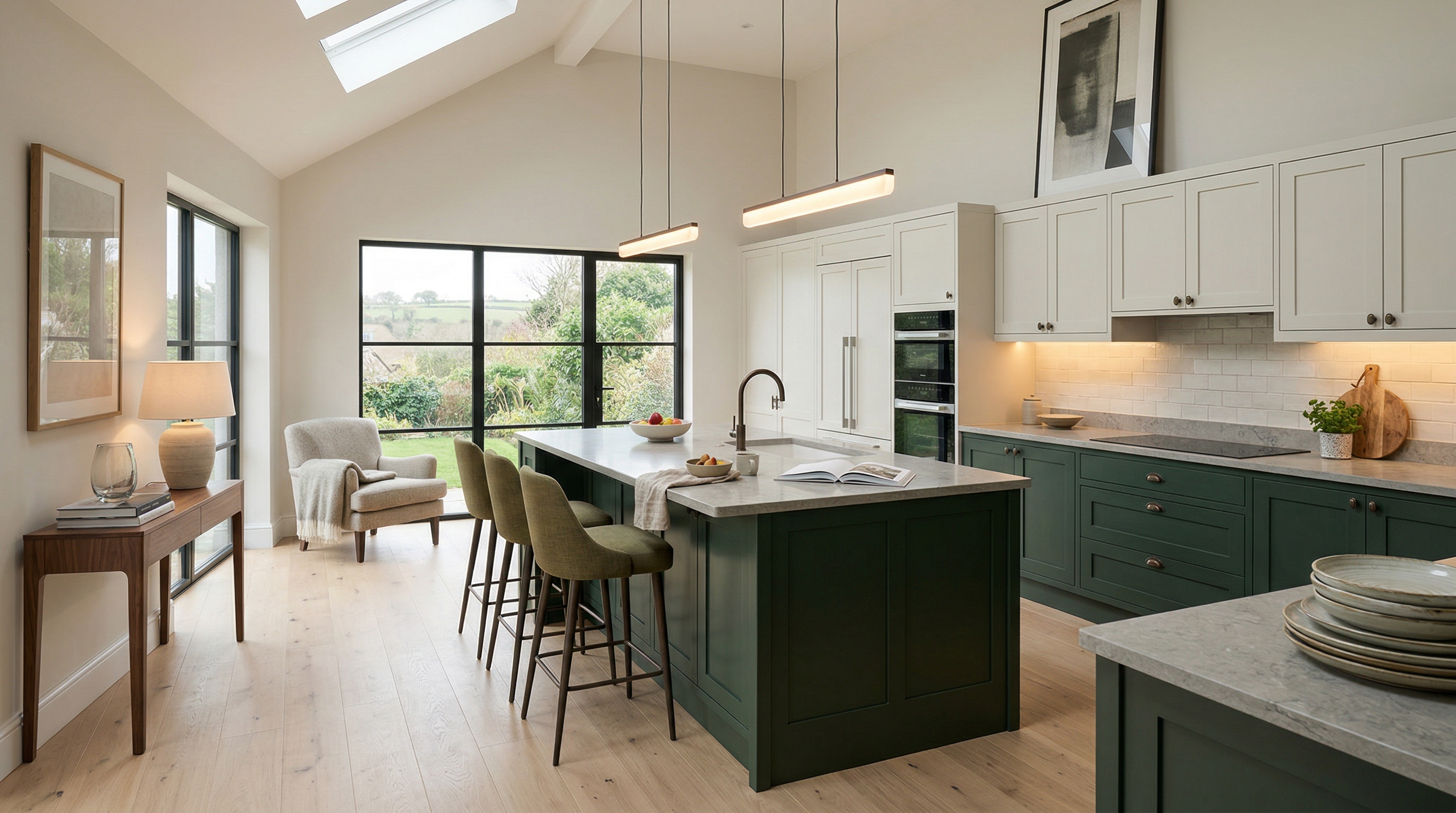 hero_1200x675 Wide view of a newly completed bespoke Mastercraft kitchen, matt painted handleless slab cabinetry in brilliant white tones
