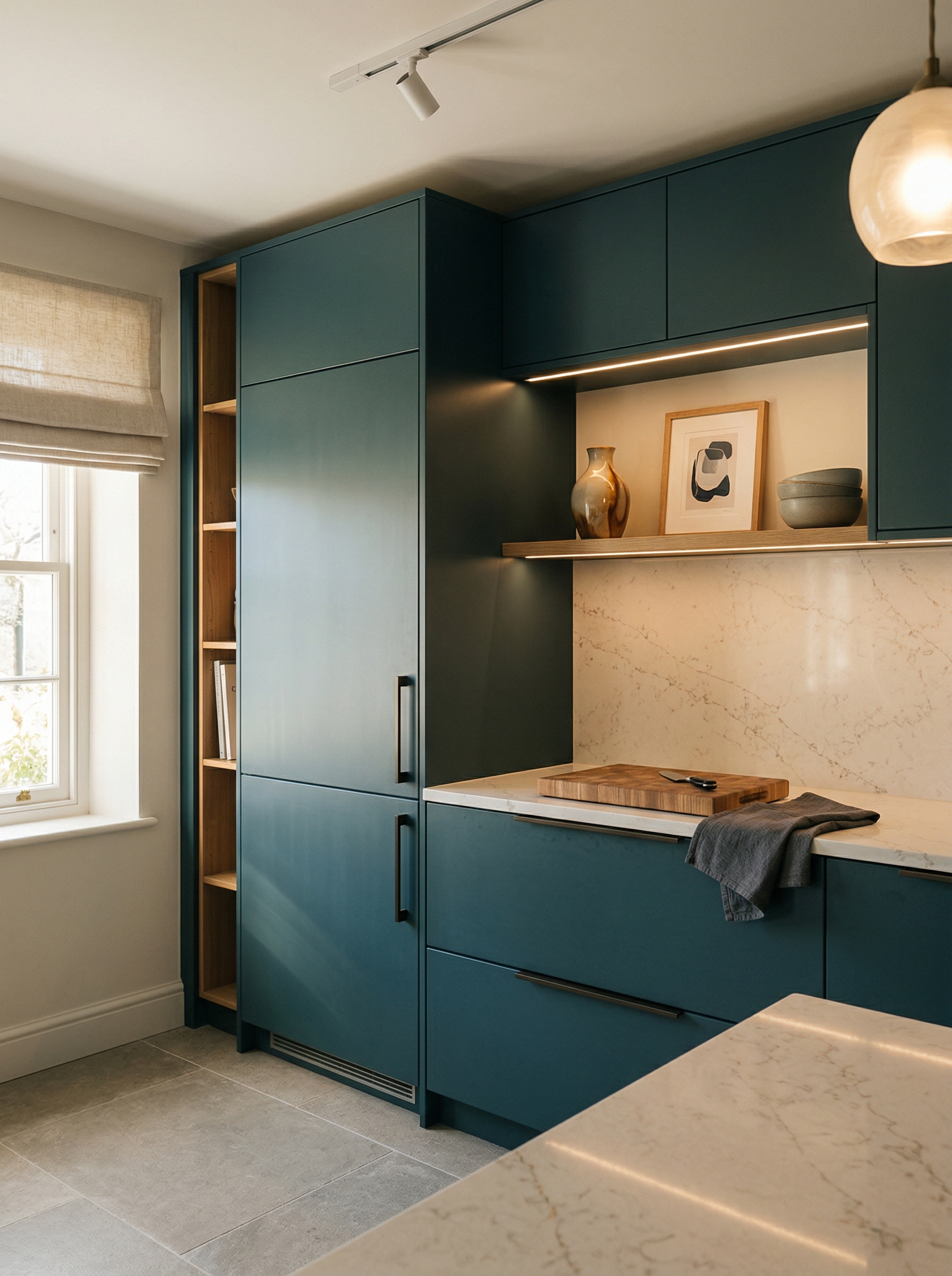 portrait1_600x800 Tall view of full-height bespoke kitchen cabinetry, matt painted handleless slab cabinetry