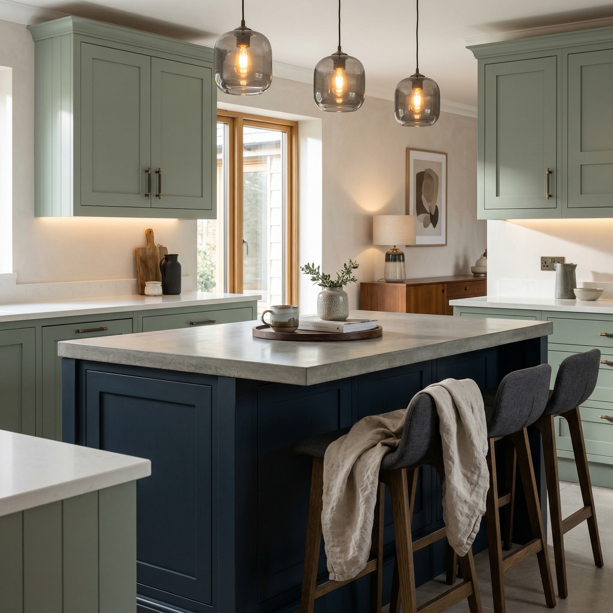 Bespoke kitchen island detail, matt painted handleless slab cabinetry with quality joinery