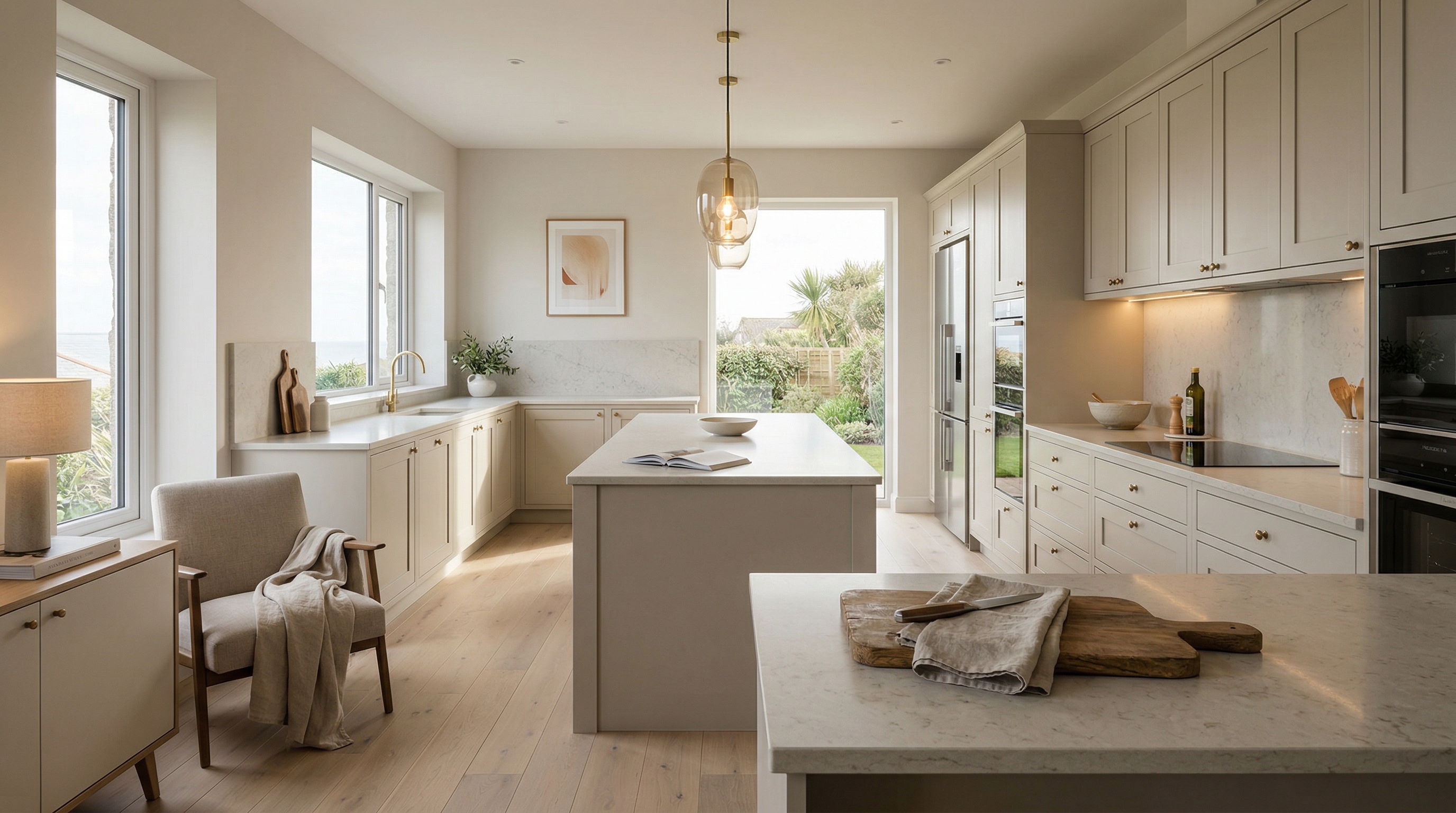 Wide view of a newly completed bespoke Mastercraft kitchen, matt painted handleless slab cabinetry in light grey tones