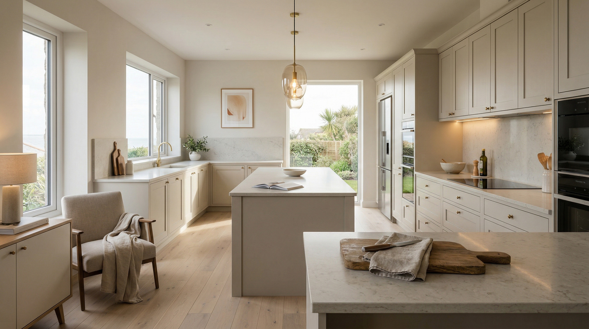 Wide view of a newly completed bespoke Mastercraft kitchen, matt painted handleless slab cabinetry in light grey tones
