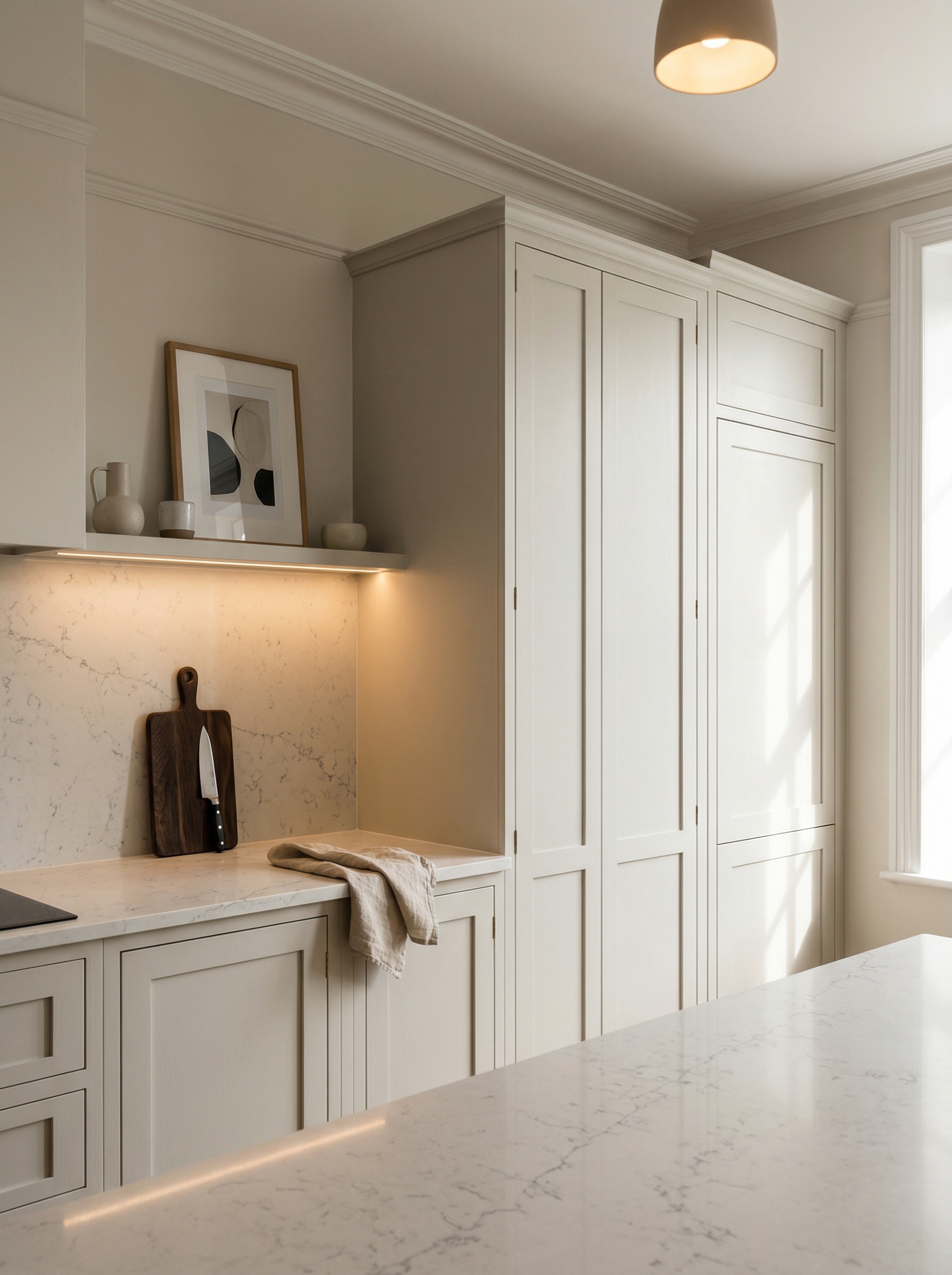 portrait1_600x800 Tall view of full-height bespoke kitchen cabinetry, matt painted handleless slab cabinetry
