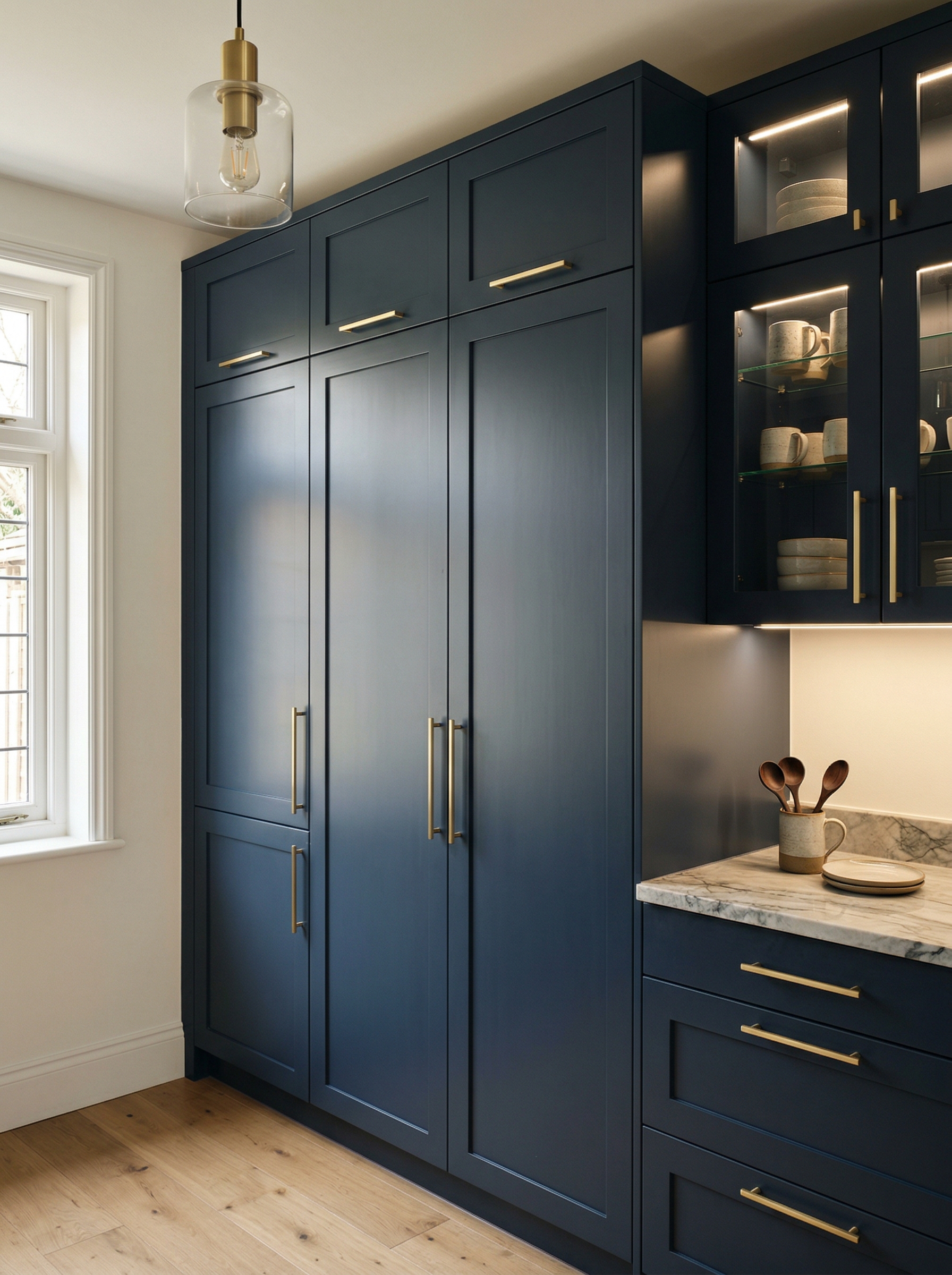 Bespoke kitchen installation, full-height cabinetry and considered storage design