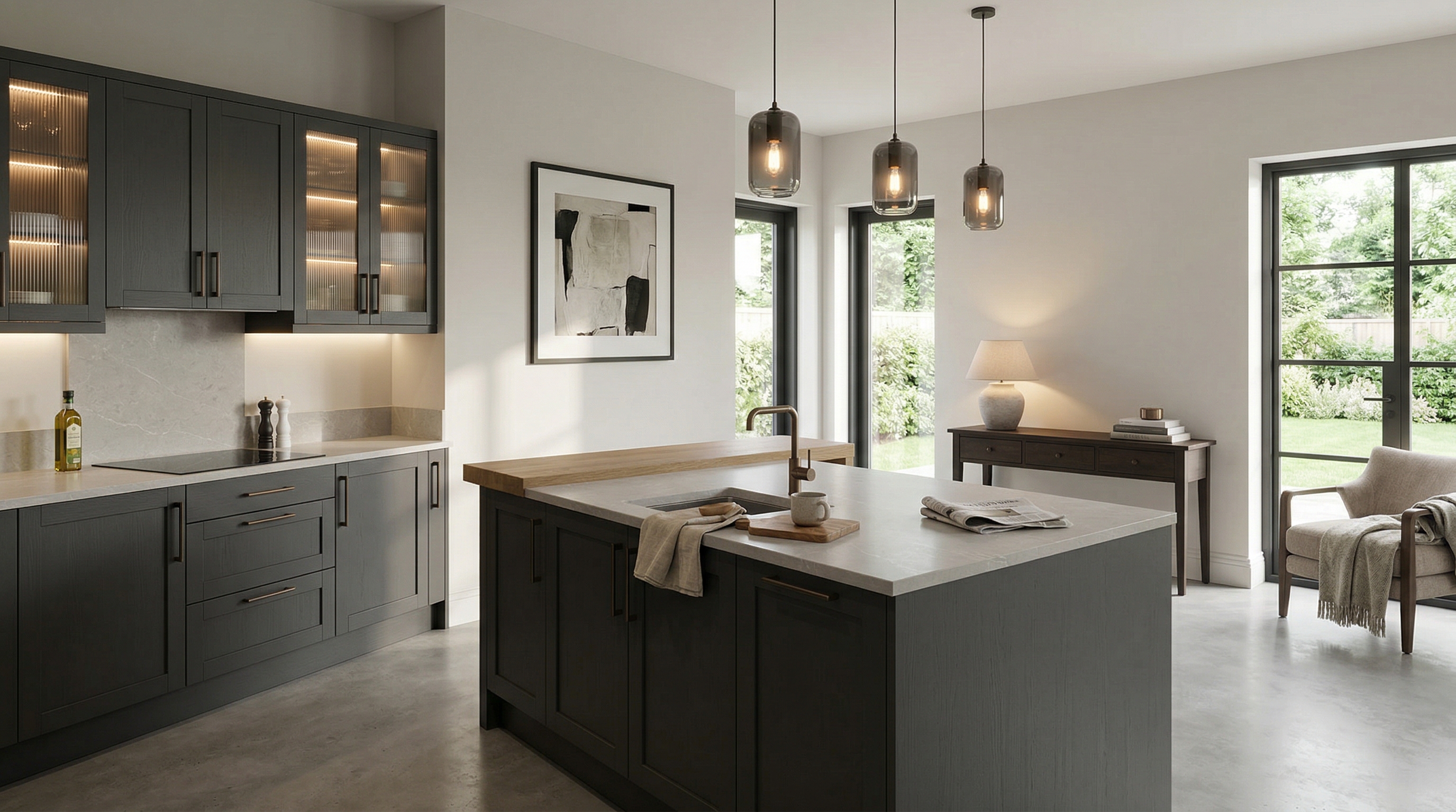 hero_1200x675 Wide view of a newly completed bespoke Mastercraft kitchen, matt painted handleless slab cabinetry in gunmetal grey tones