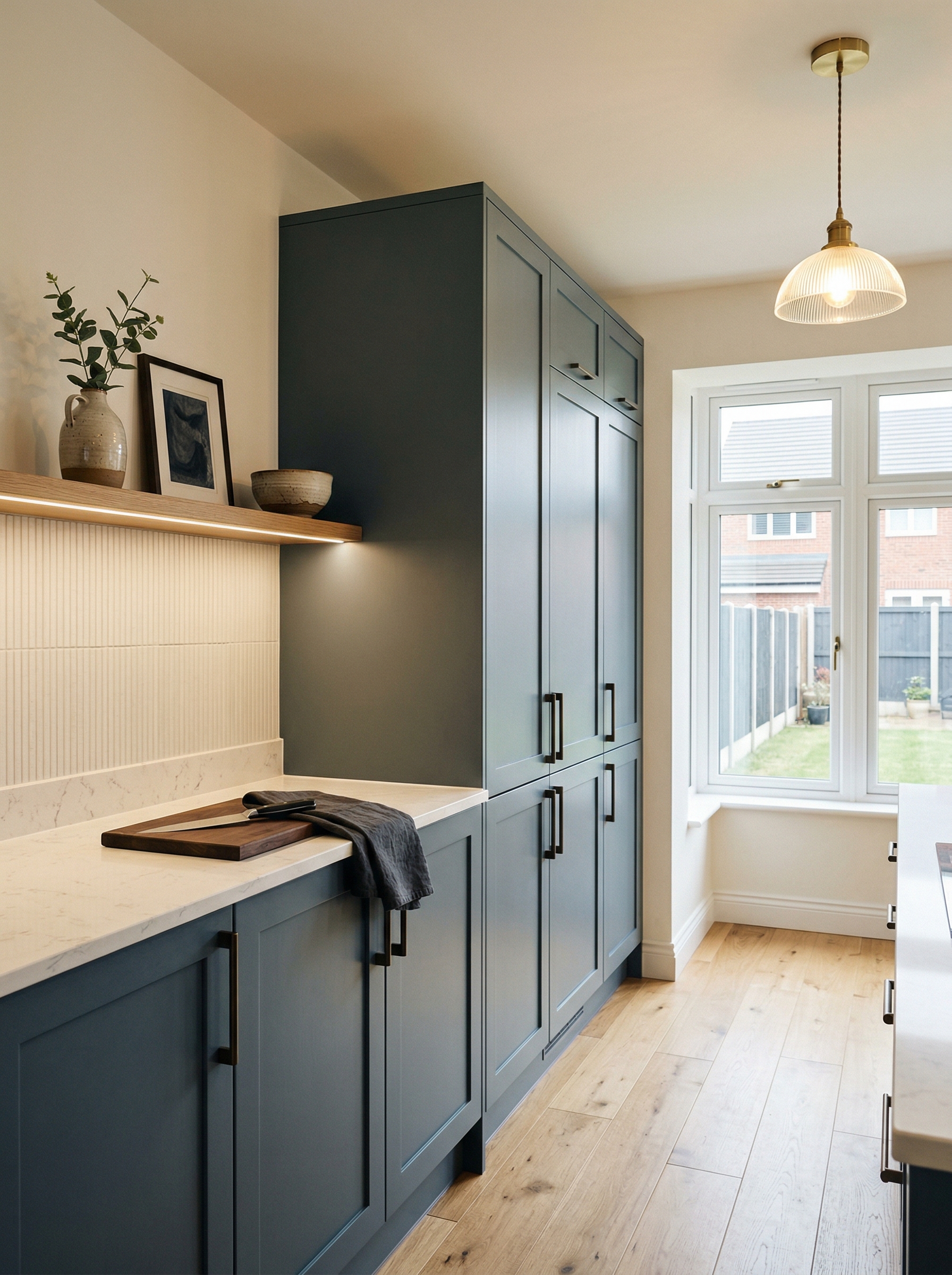 Tall view of full-height bespoke kitchen cabinetry, matt painted handleless slab cabinetry