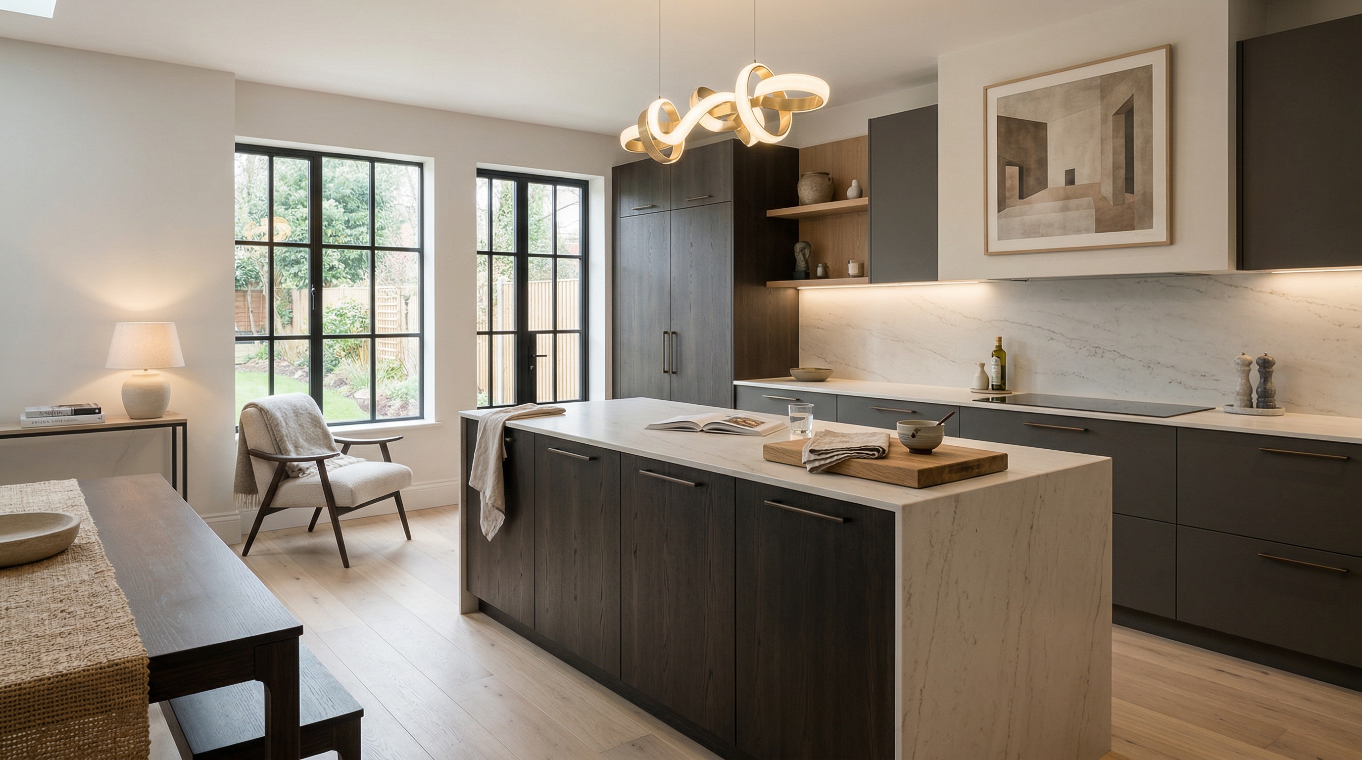 hero_1200x675 Wide view of a newly completed bespoke Mastercraft kitchen, timber veneer slab-door cabinetry in light teal tones