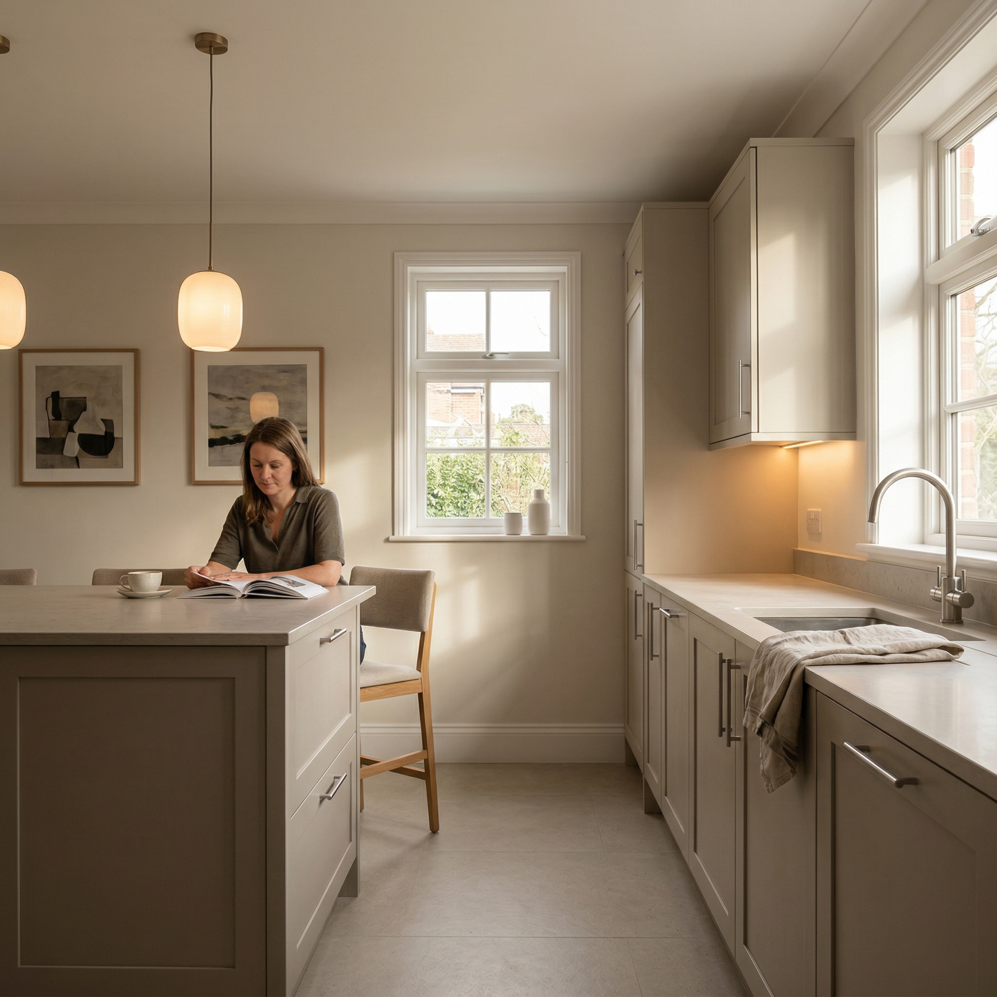 Bespoke kitchen designed for a Pinner home, quality materials and considered layout