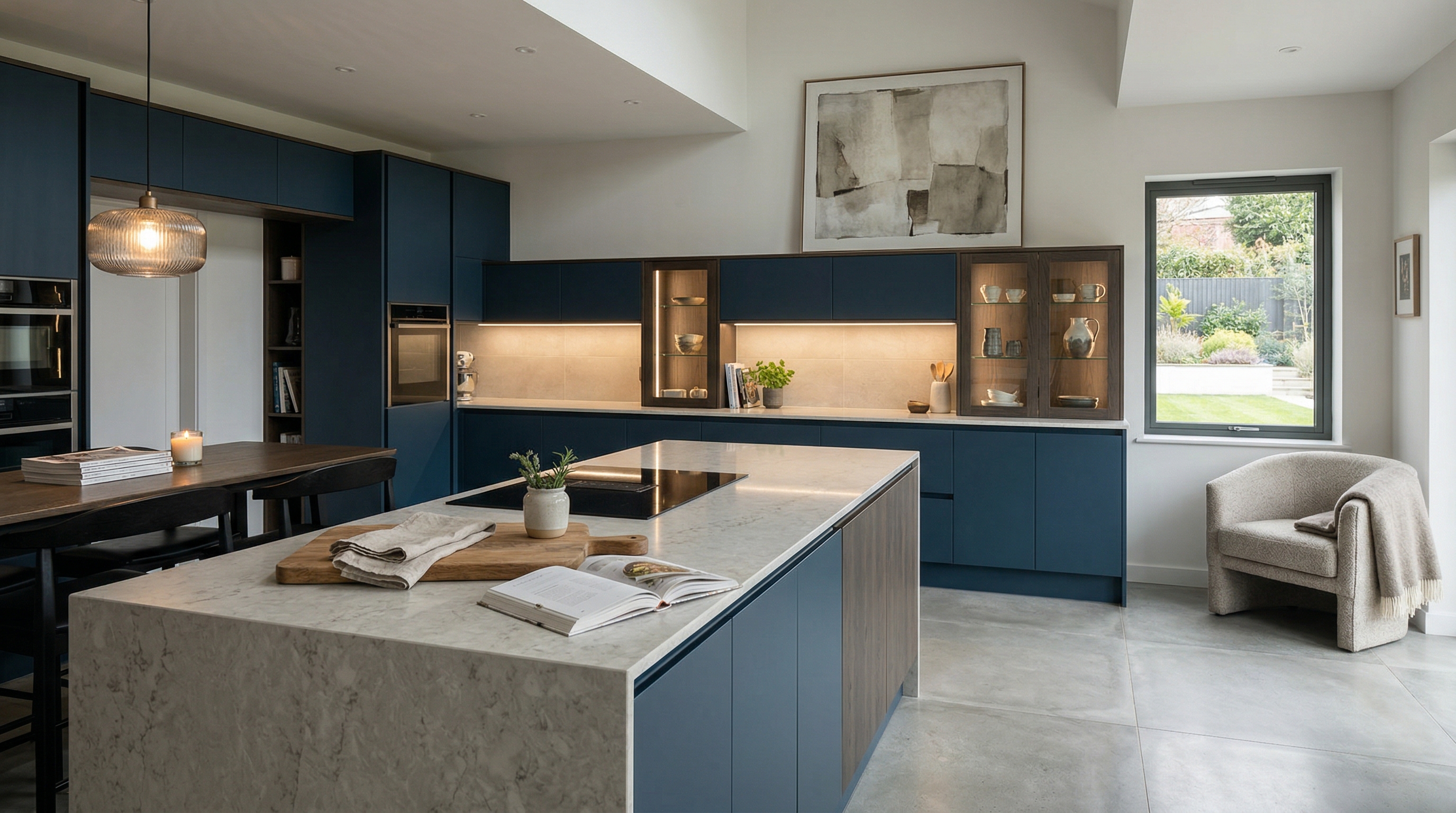 Mastercraft bespoke kitchen in Plymouth, wide architectural view showing room volume and design quality