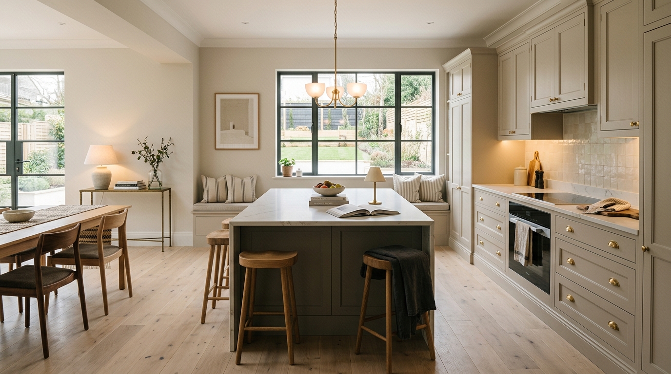 hero_1200x675 Wide view of a newly completed bespoke Mastercraft kitchen, contemporary painted lay-on cabinetry in cannon black tones