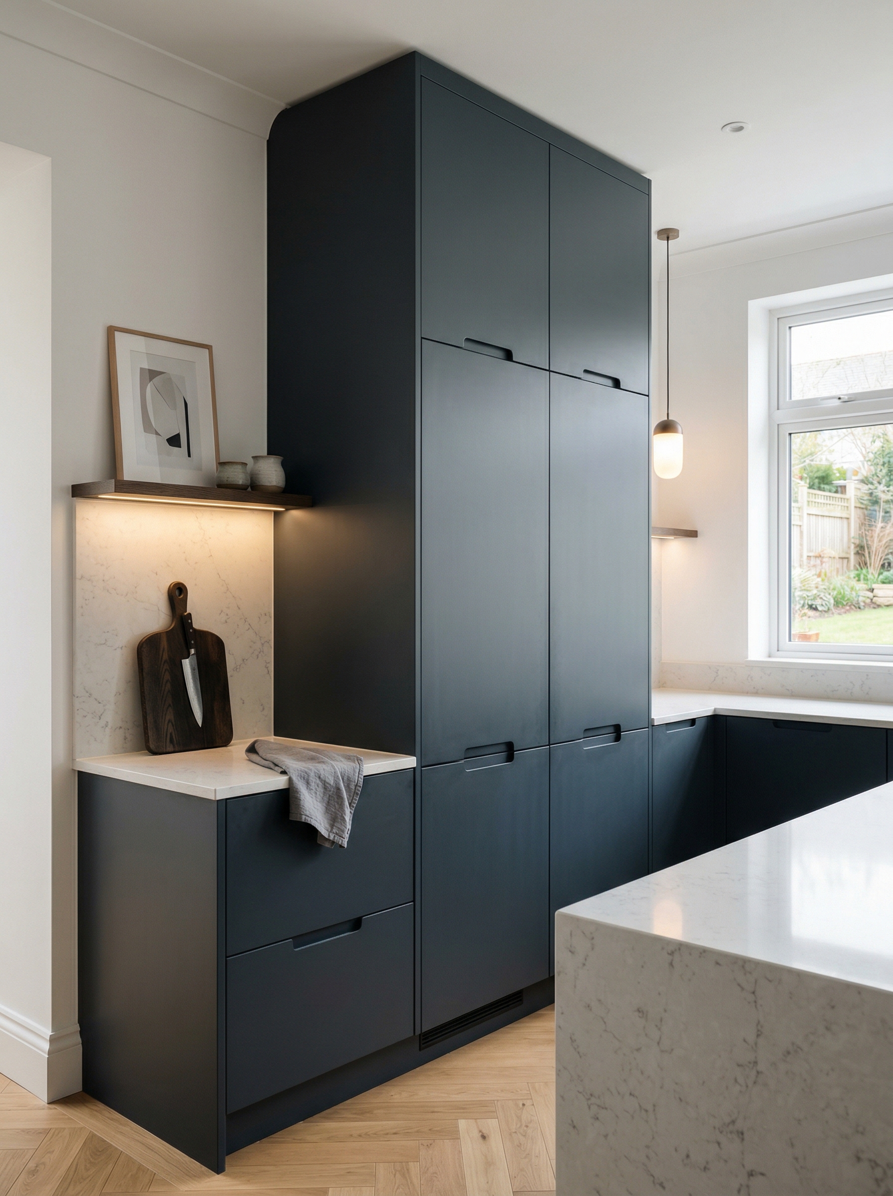 Tall view of full-height bespoke kitchen cabinetry, contemporary painted lay-on cabinetry