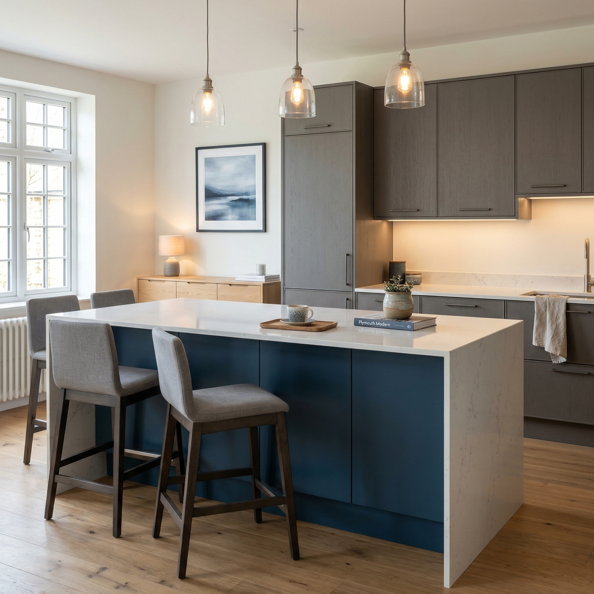 Bespoke kitchen island detail, contemporary painted lay-on cabinetry with quality joinery
