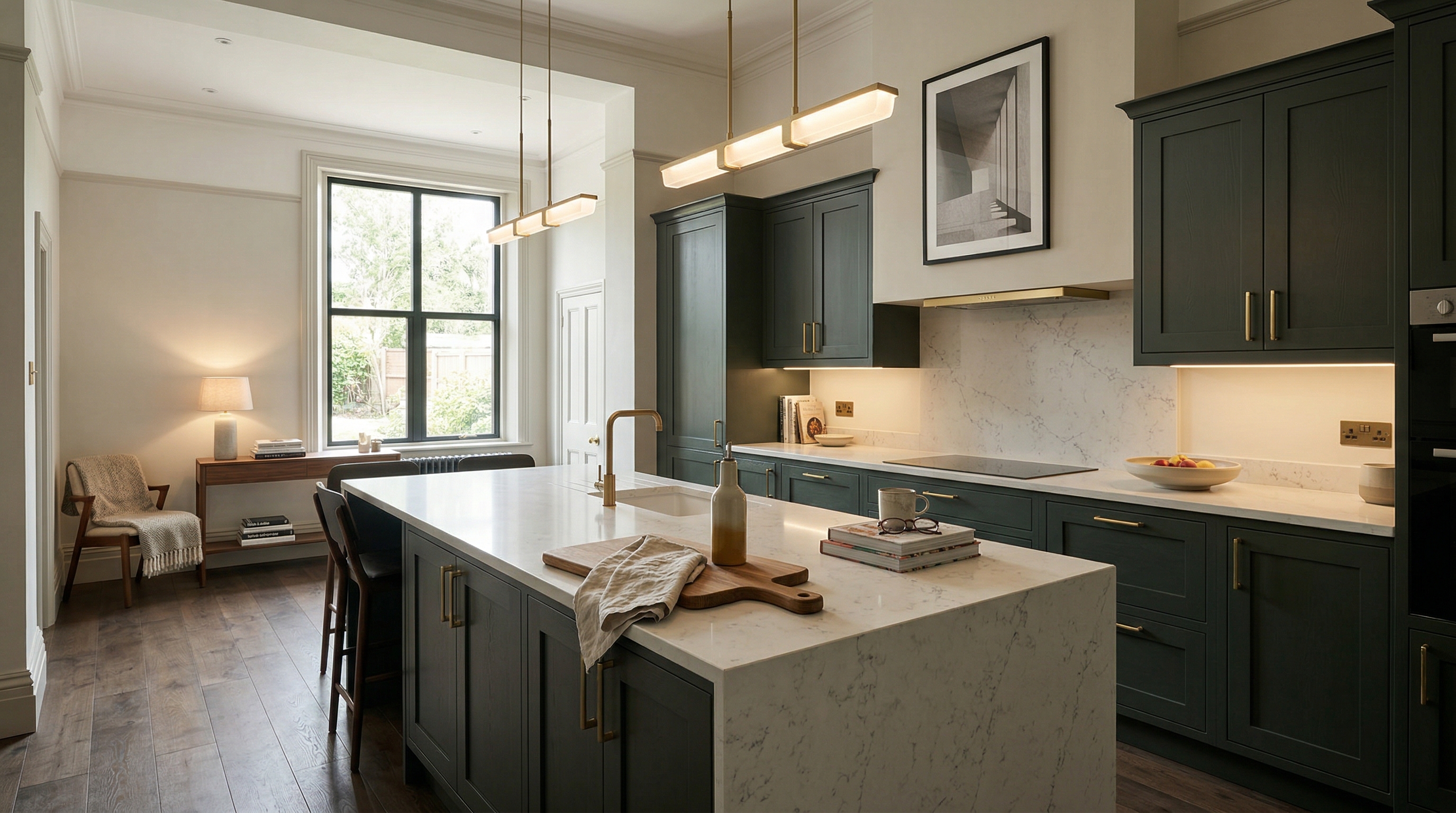 hero_1200x675 Wide view of a newly completed bespoke Mastercraft kitchen, matt painted handleless slab cabinetry in lava tones