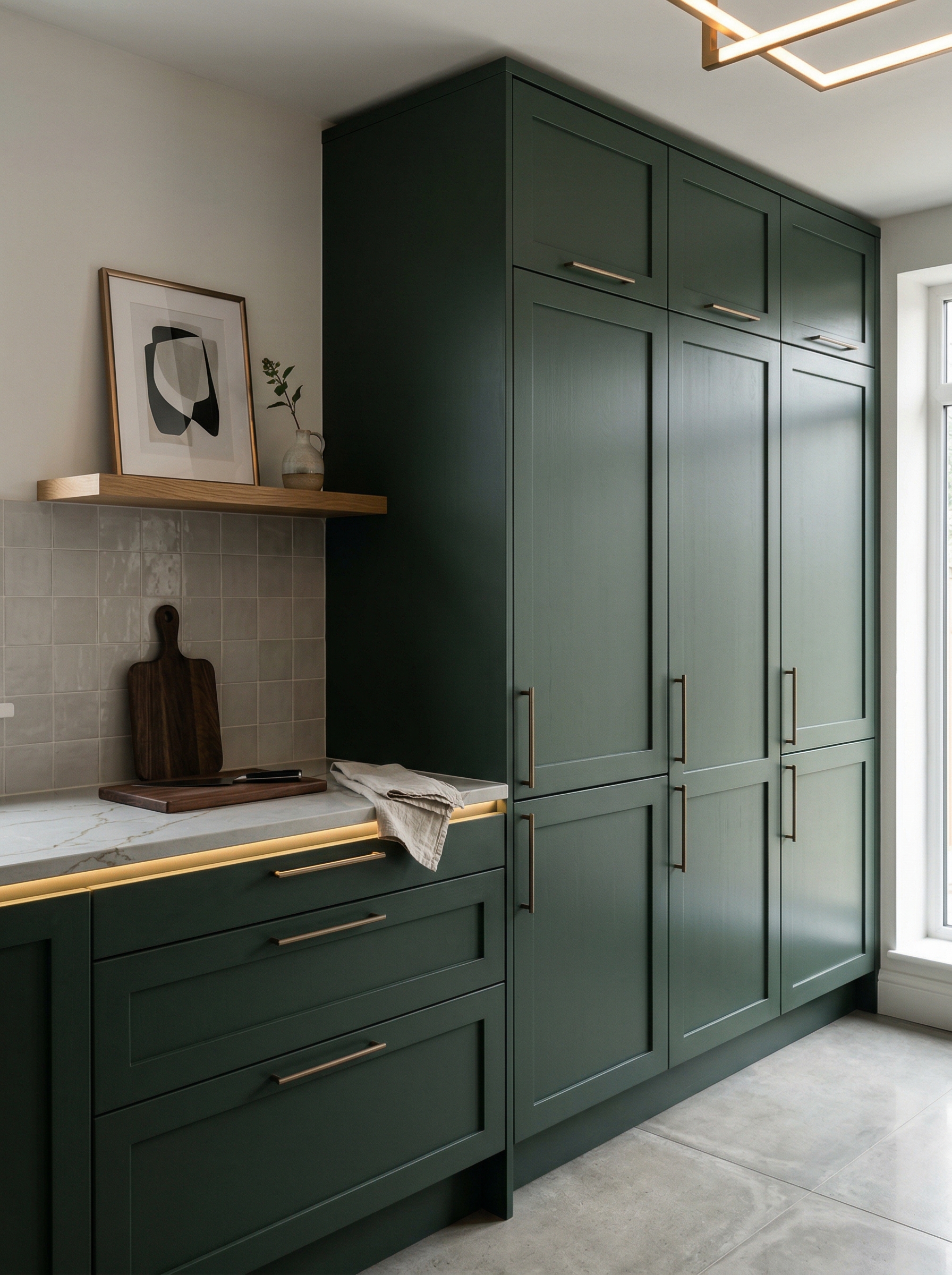 Tall view of full-height bespoke kitchen cabinetry, matt painted handleless slab cabinetry