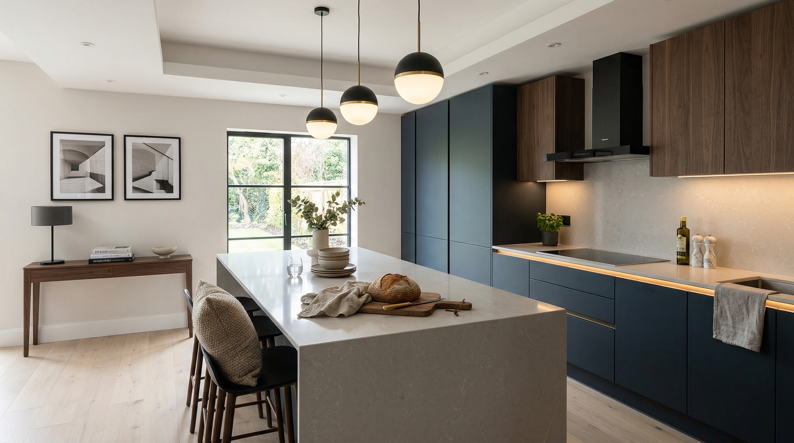 hero_1200x675 Wide view of a newly completed bespoke Mastercraft kitchen, modern shaker cabinetry in light grey tones