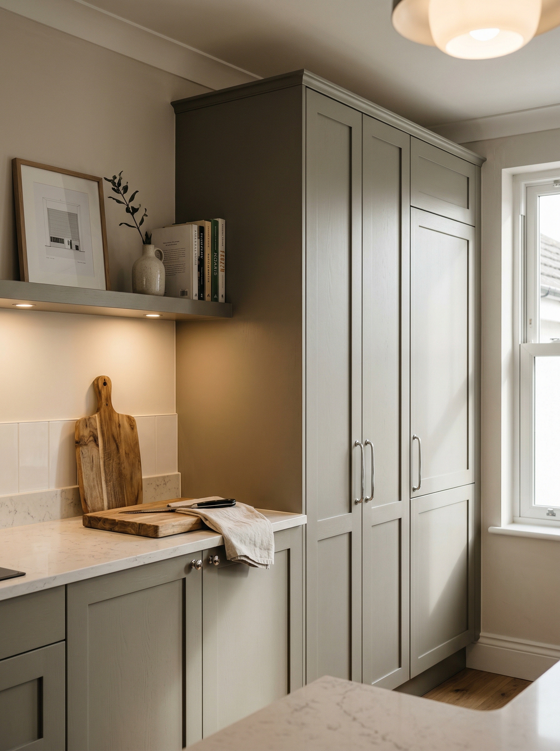 Tall view of full-height bespoke kitchen cabinetry, modern shaker cabinetry