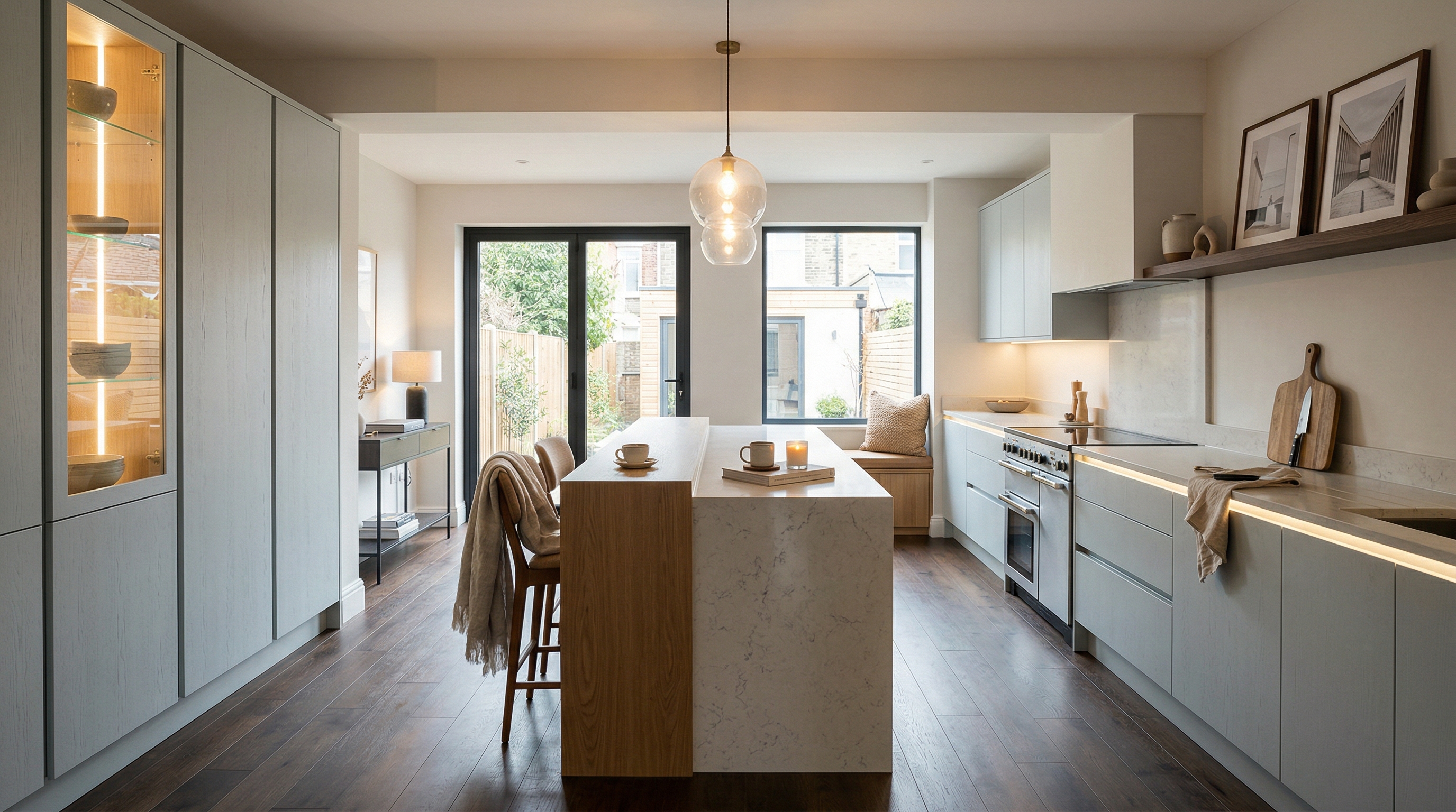 Mastercraft bespoke kitchen in Pontcanna, wide architectural view showing room volume and design quality