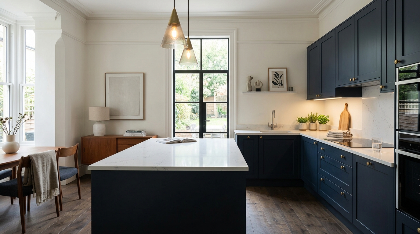 hero_1200x675 Wide view of a newly completed bespoke Mastercraft kitchen, contemporary painted lay-on cabinetry in shell tones