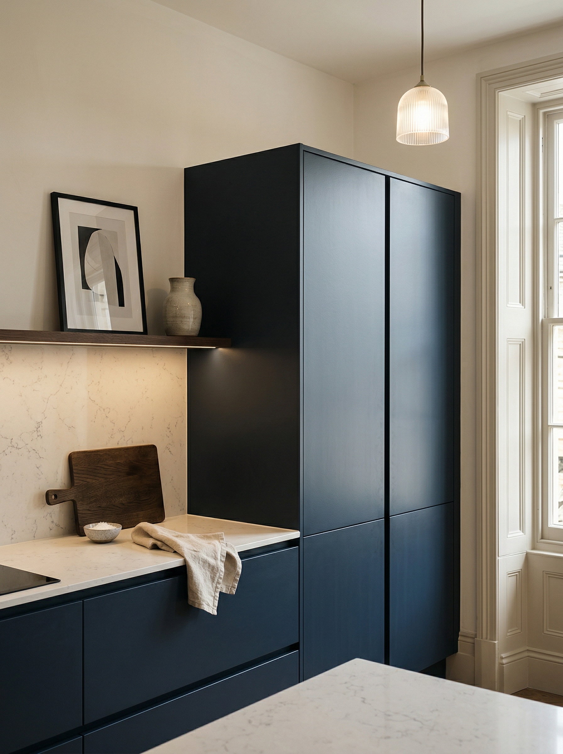 Tall view of full-height bespoke kitchen cabinetry, contemporary painted lay-on cabinetry