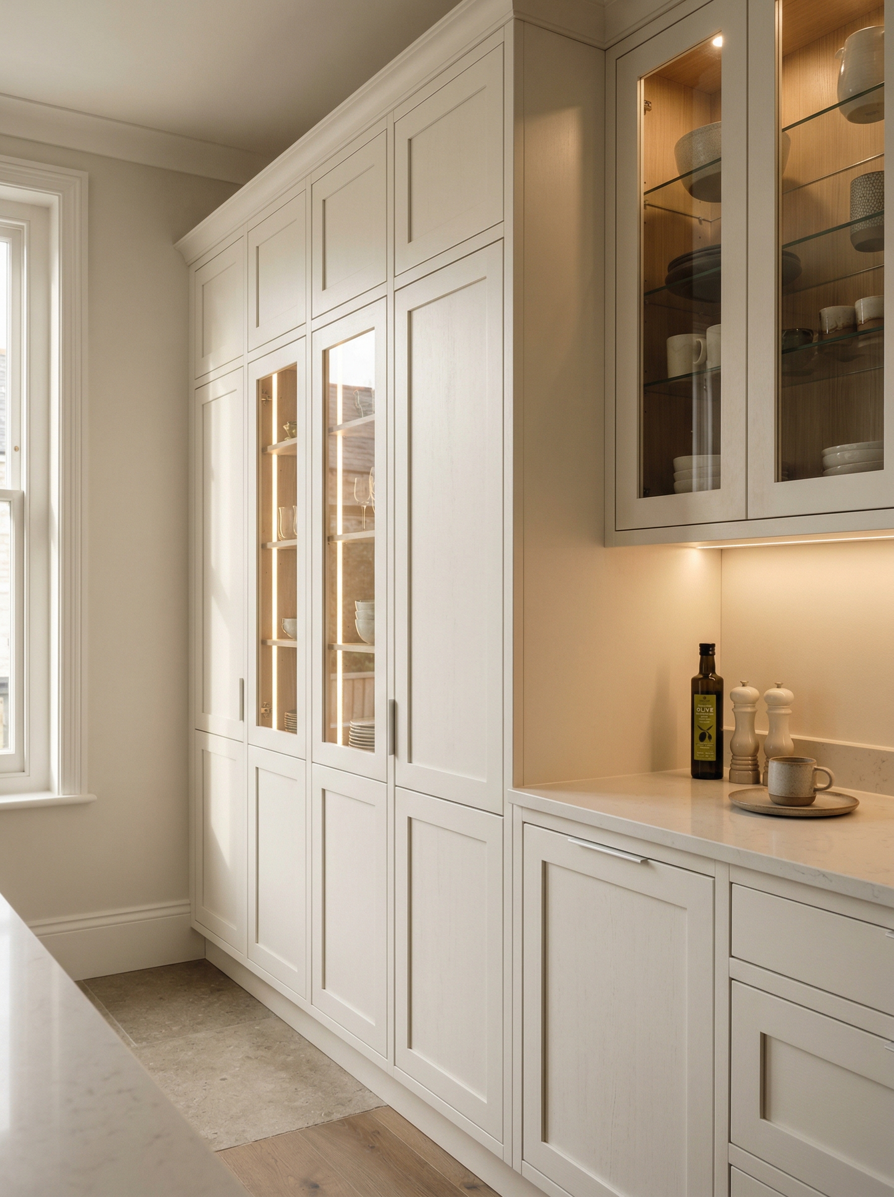 Bespoke kitchen installation, full-height cabinetry and considered storage design