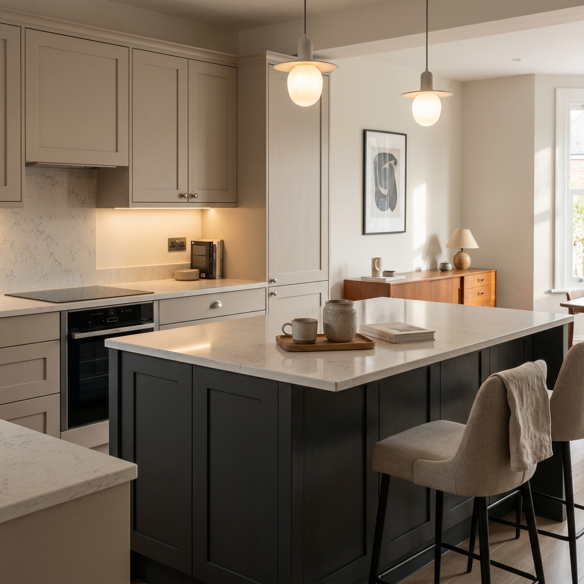 Bespoke kitchen island detail, contemporary painted lay-on cabinetry with quality joinery