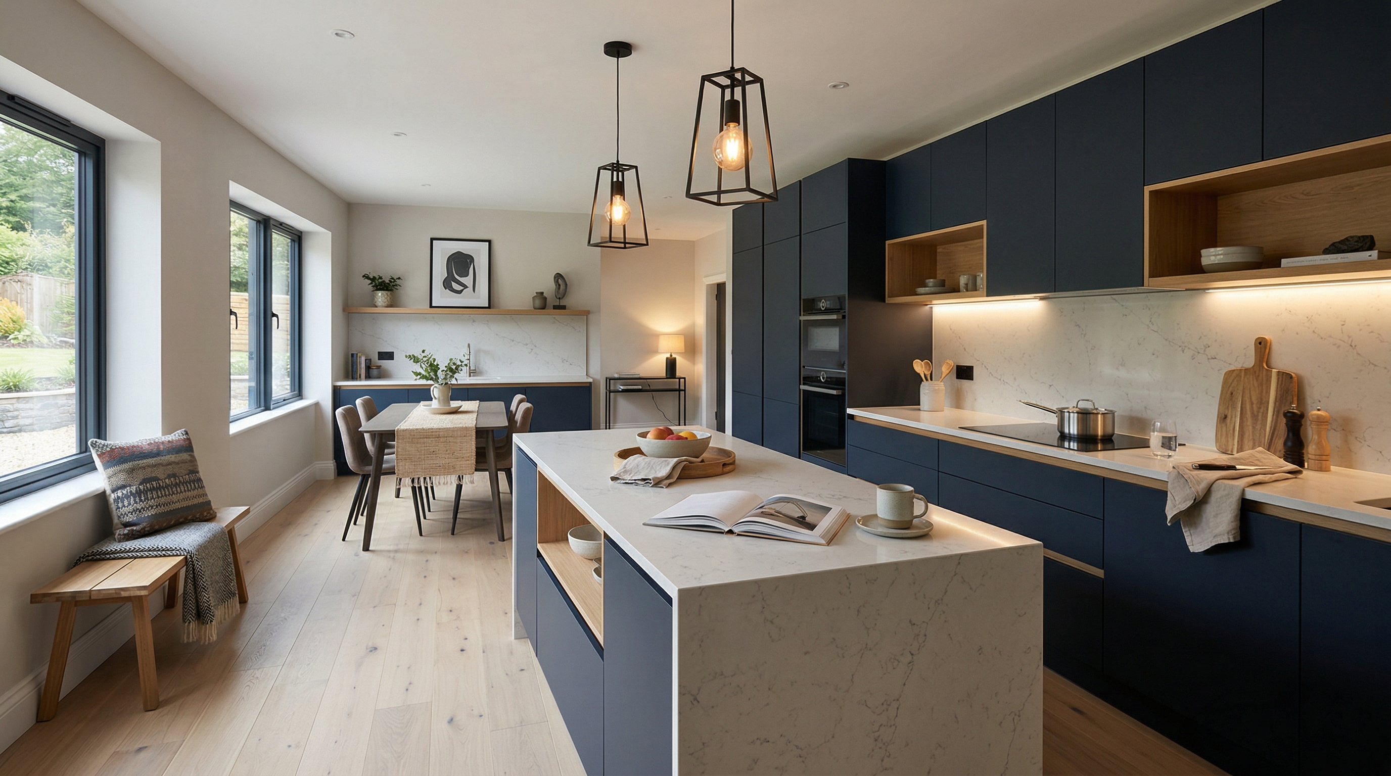 Mastercraft bespoke kitchen in Pontypool, wide architectural view showing room volume and design quality