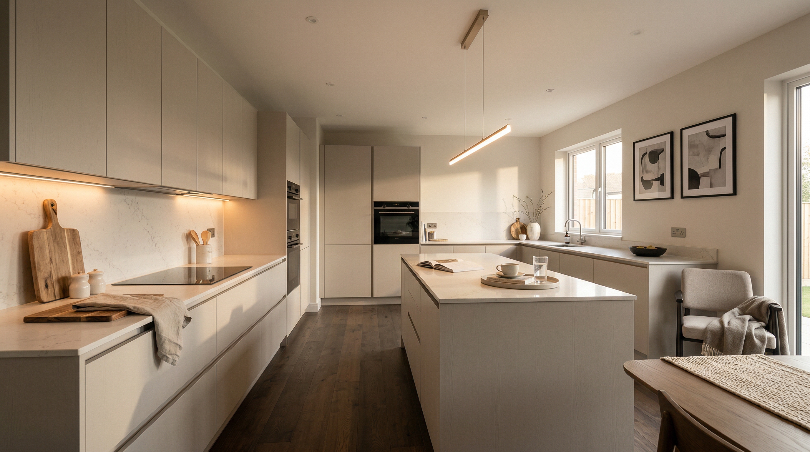 Wide view of a newly completed bespoke Mastercraft kitchen, matt painted handleless slab cabinetry in heritage green tones