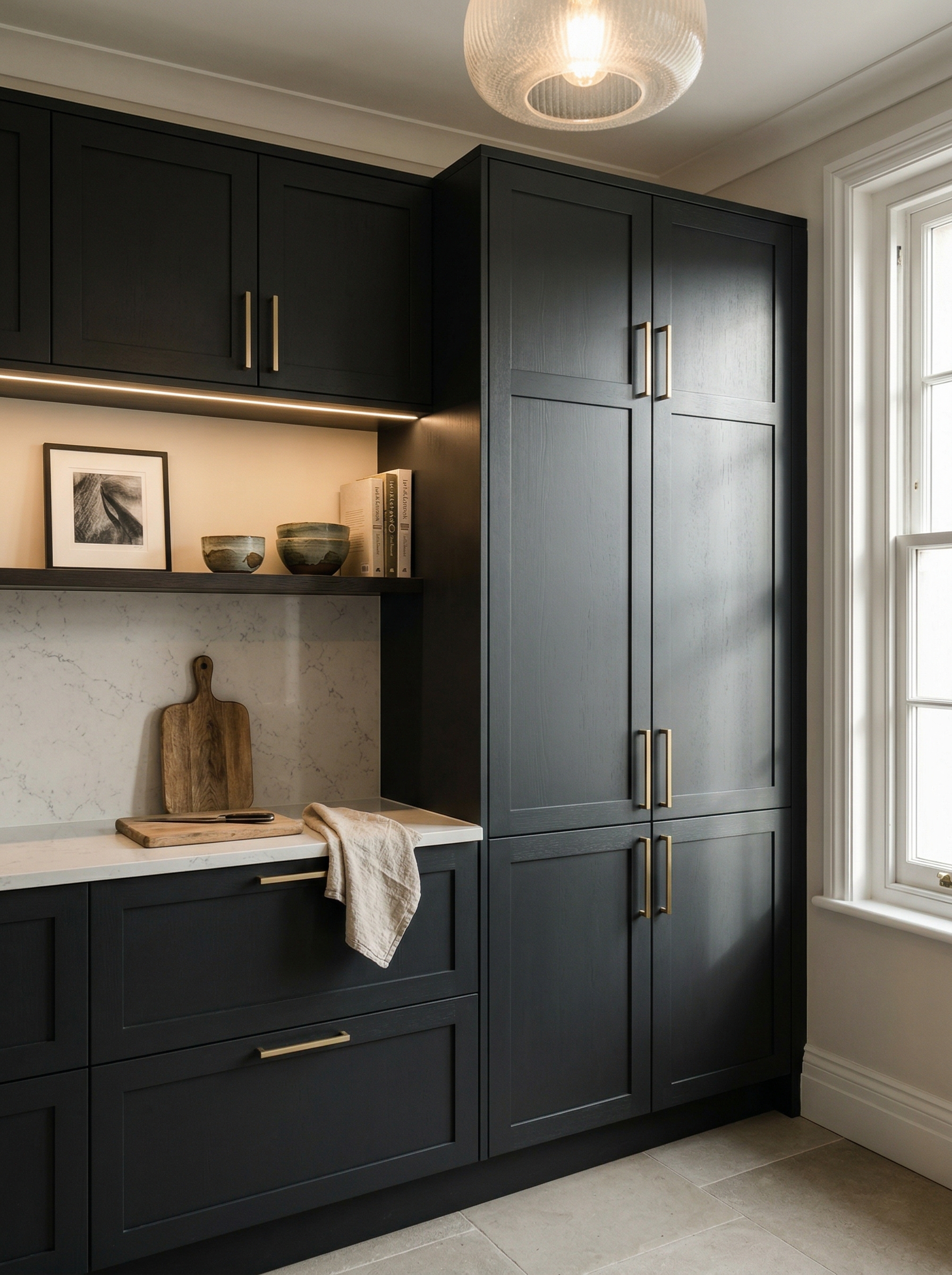 portrait1_600x800 Tall view of full-height bespoke kitchen cabinetry, matt painted handleless slab cabinetry