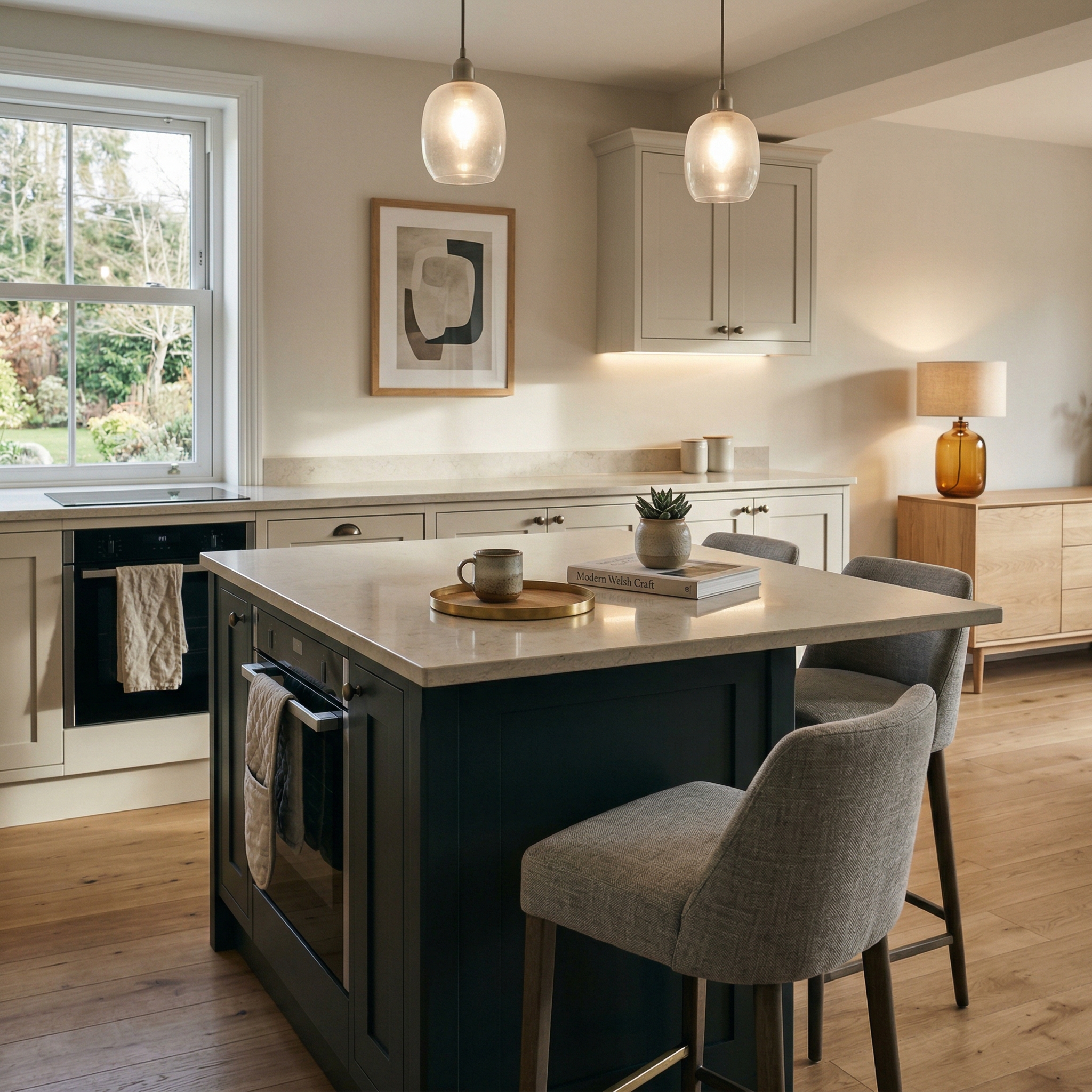 Bespoke kitchen island detail, matt painted handleless slab cabinetry with quality joinery