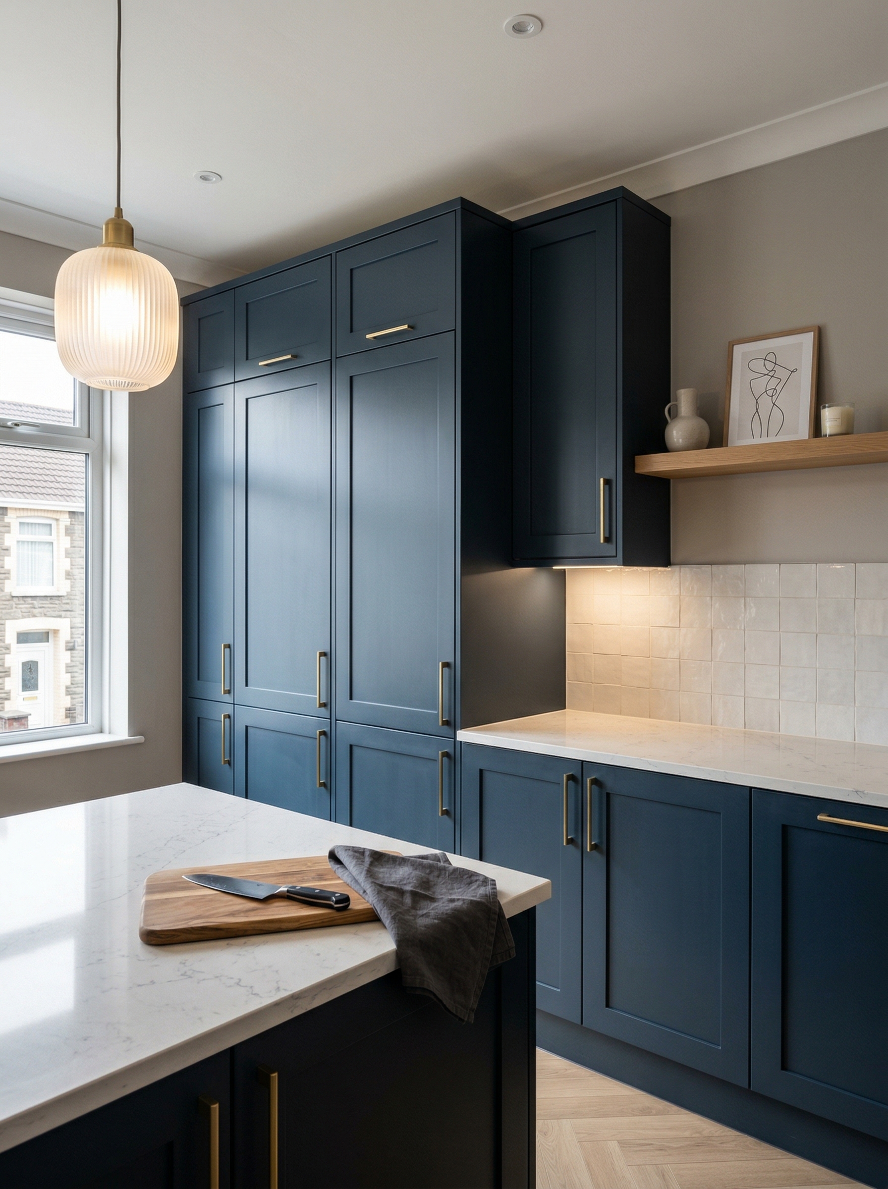 Tall view of full-height bespoke kitchen cabinetry, timber veneer slab-door cabinetry