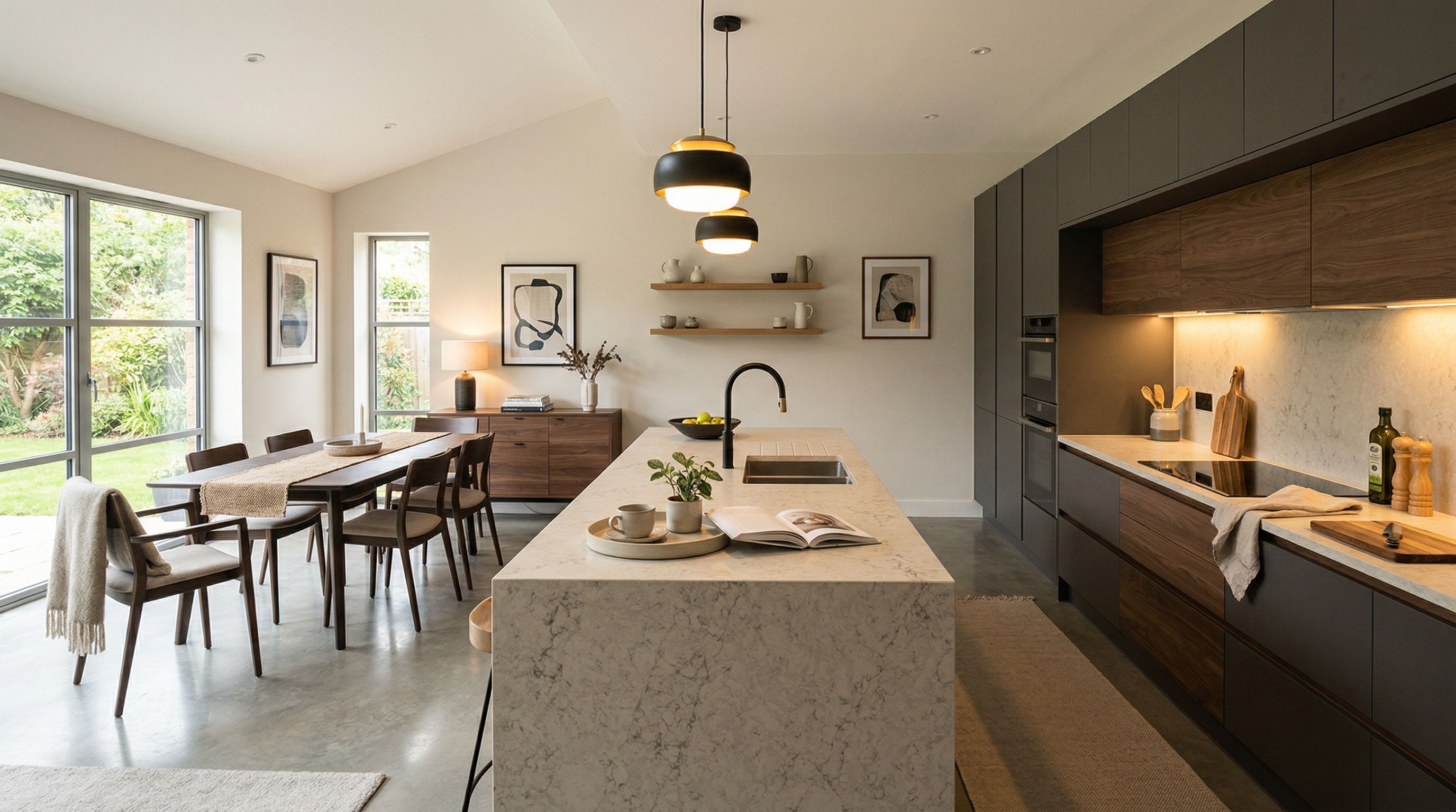 Mastercraft bespoke kitchen in Poole, wide architectural view showing room volume and design quality