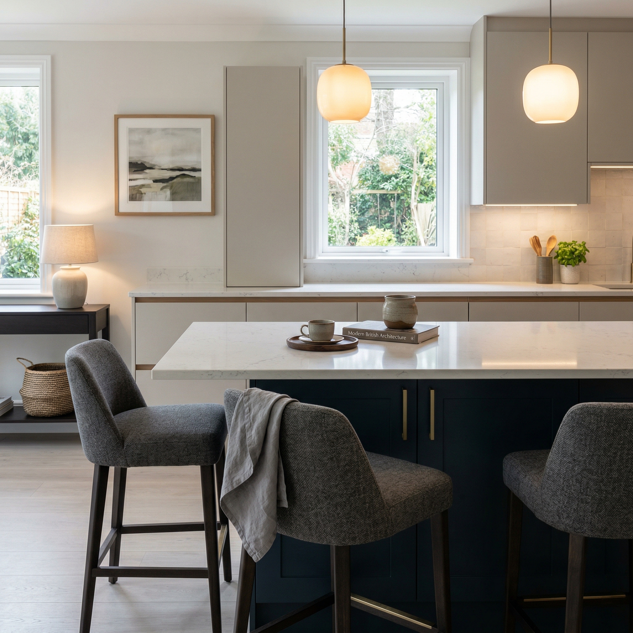 Bespoke kitchen island detail, contemporary painted lay-on cabinetry with quality joinery