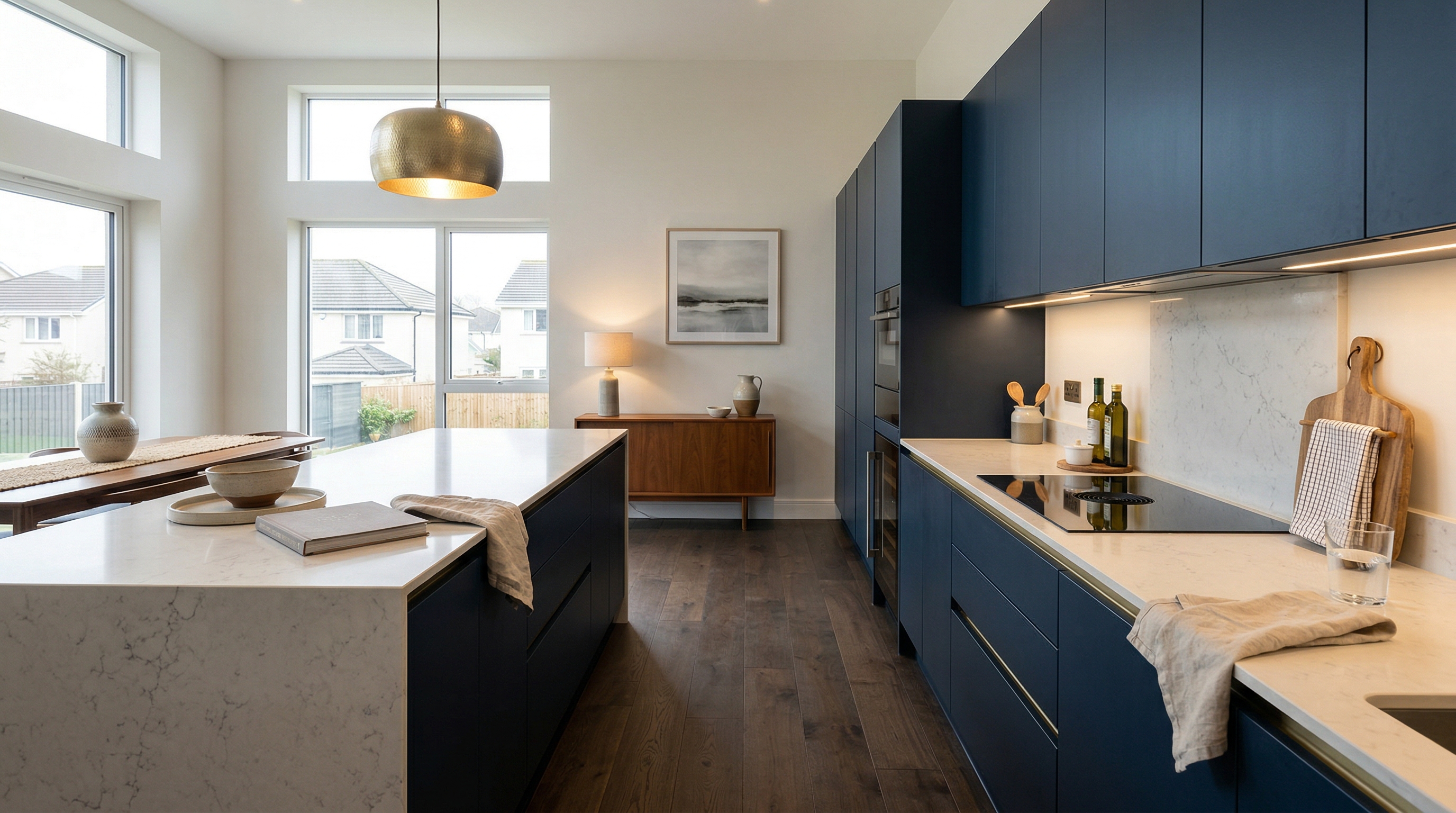 hero_1200x675 Wide view of a newly completed bespoke Mastercraft kitchen, contemporary painted lay-on cabinetry in mussel tones
