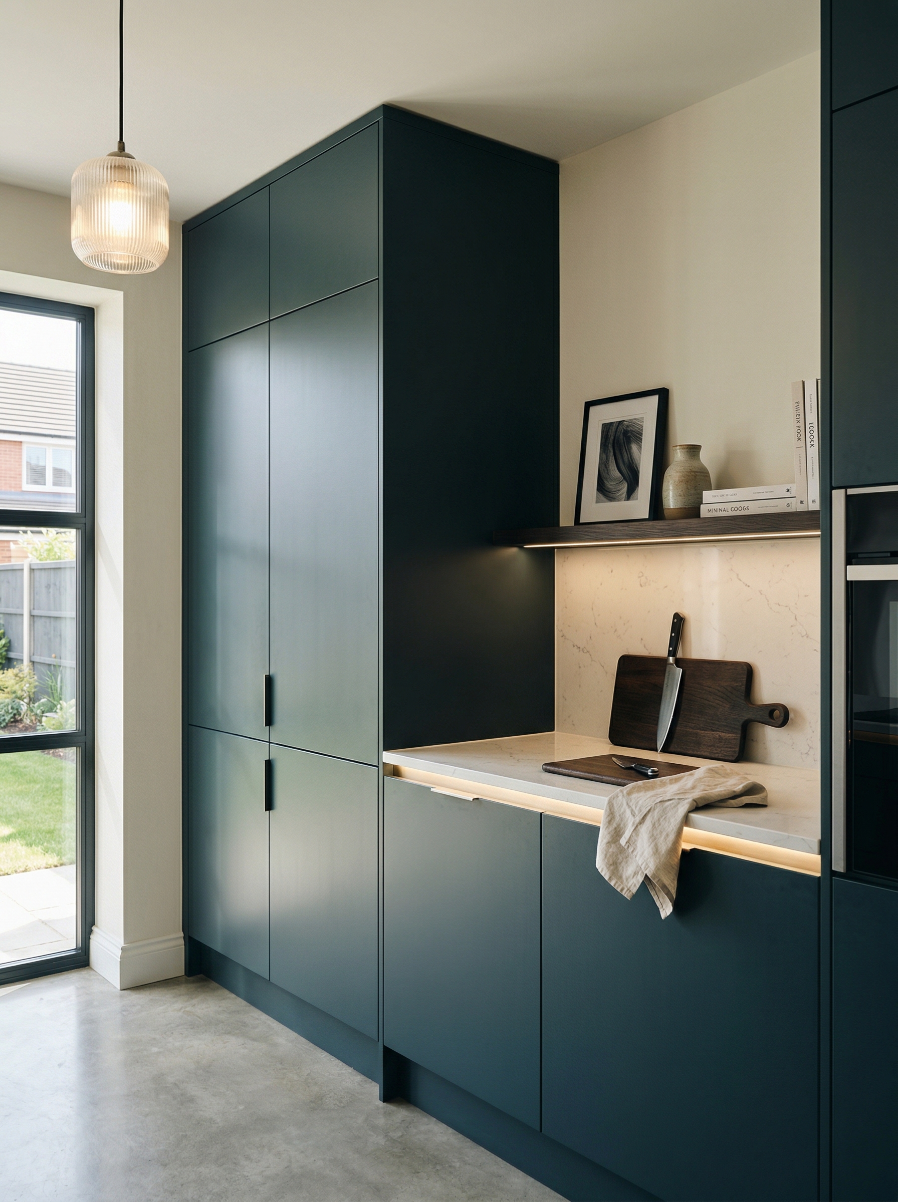 Tall view of full-height bespoke kitchen cabinetry, contemporary painted lay-on cabinetry