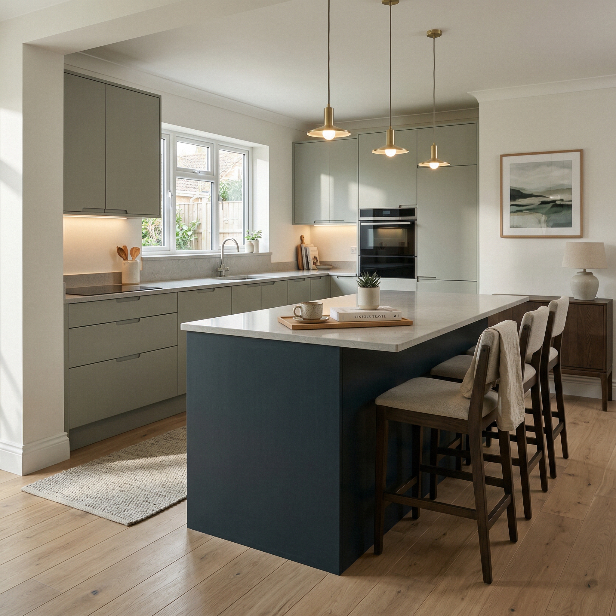 Bespoke kitchen island detail, contemporary painted lay-on cabinetry with quality joinery