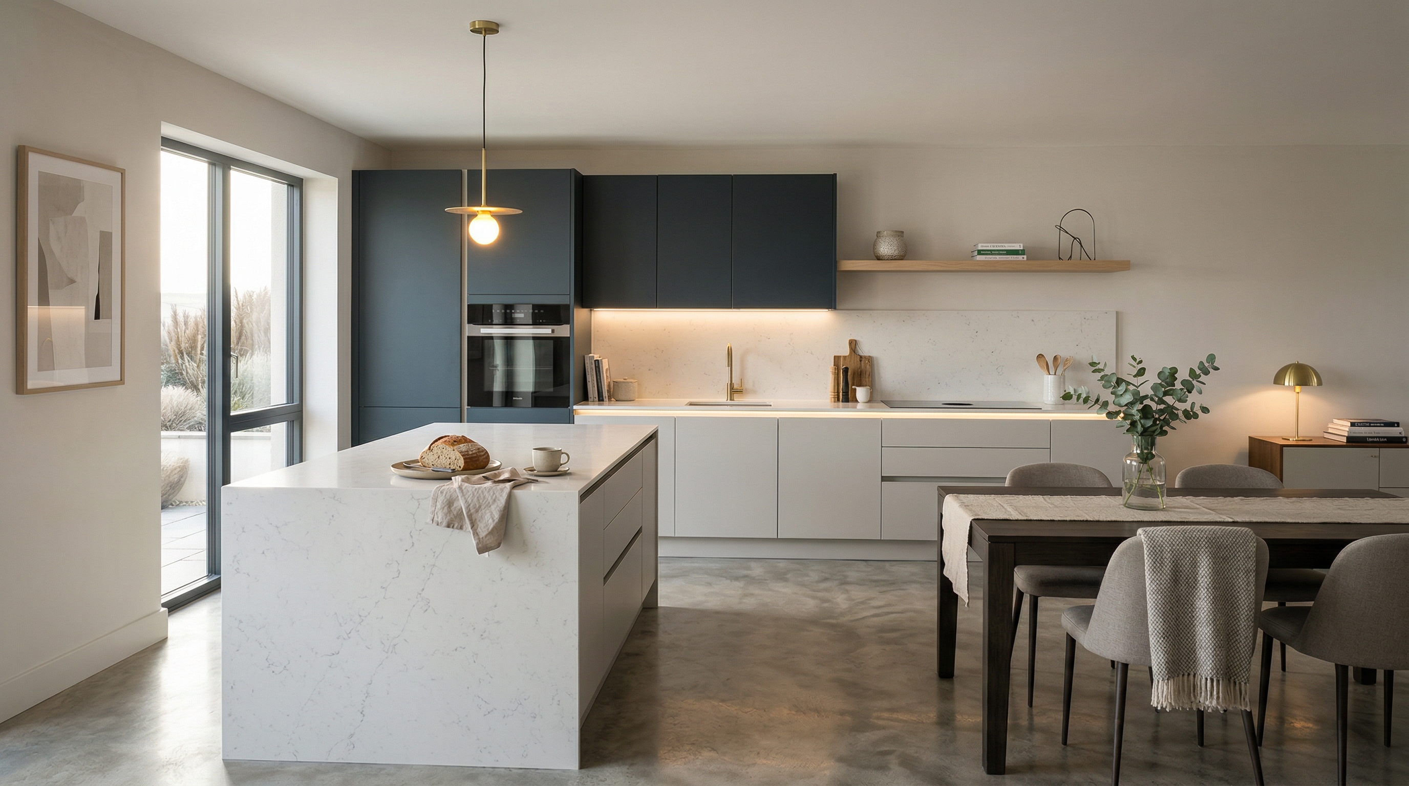 Mastercraft bespoke kitchen in Porth, wide architectural view showing room volume and design quality