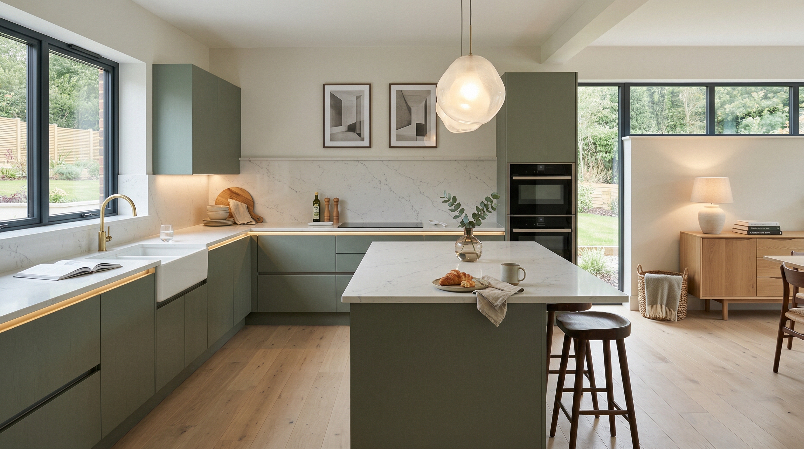 hero_1200x675 Wide view of a newly completed bespoke Mastercraft kitchen, contemporary in-frame cabinetry in marine tones