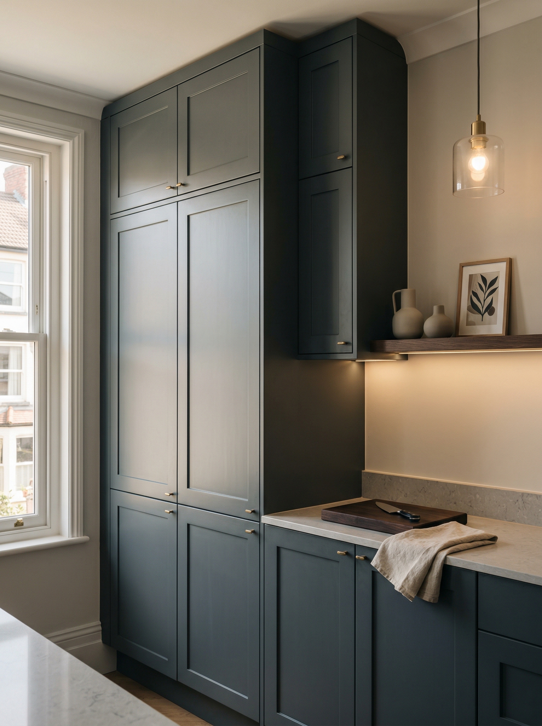 Tall view of full-height bespoke kitchen cabinetry, contemporary in-frame cabinetry