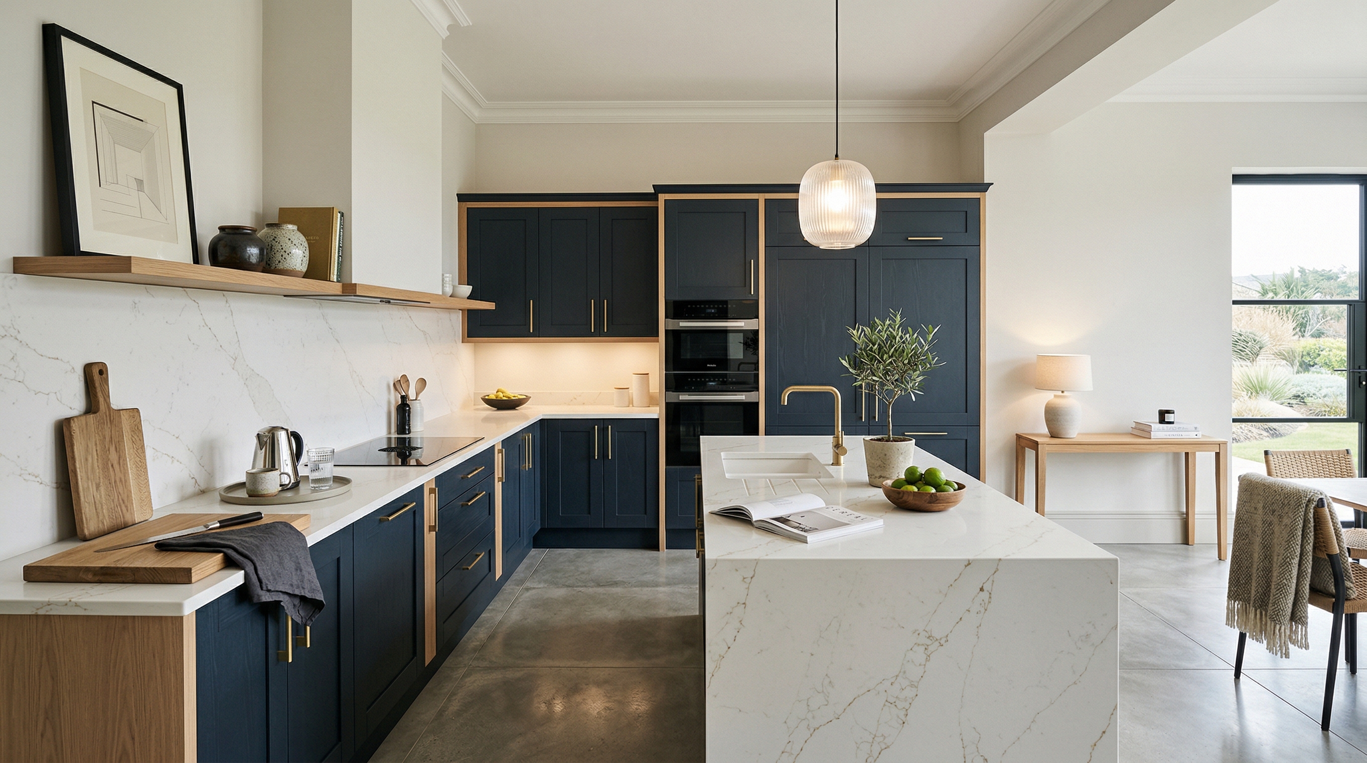 Mastercraft bespoke kitchen in Porthcawl, wide architectural view showing room volume and design quality