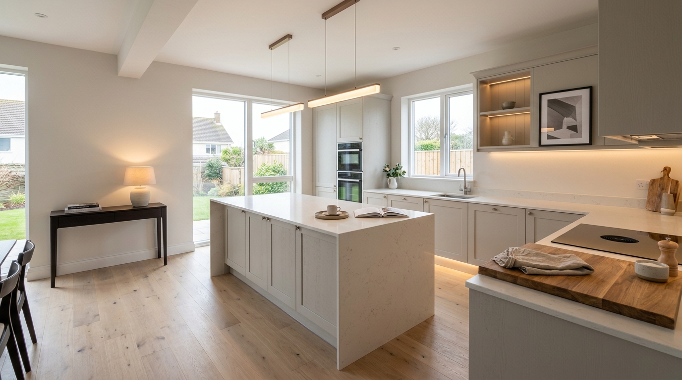 Wide view of a newly completed bespoke Mastercraft kitchen, modern shaker cabinetry in parisian blue tones