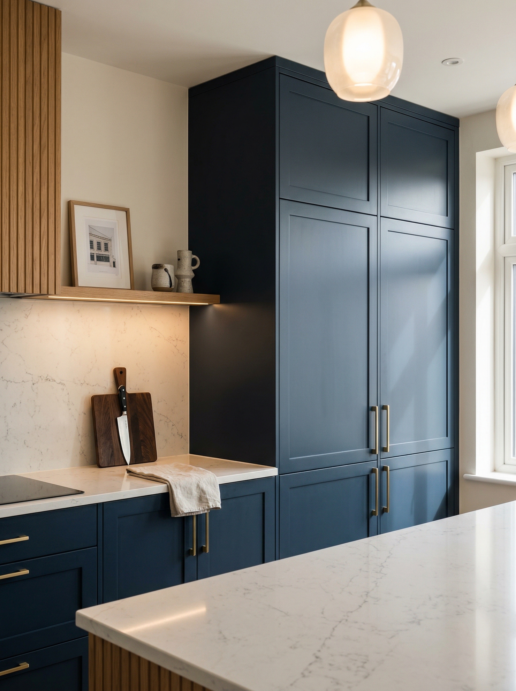 Tall view of full-height bespoke kitchen cabinetry, modern shaker cabinetry