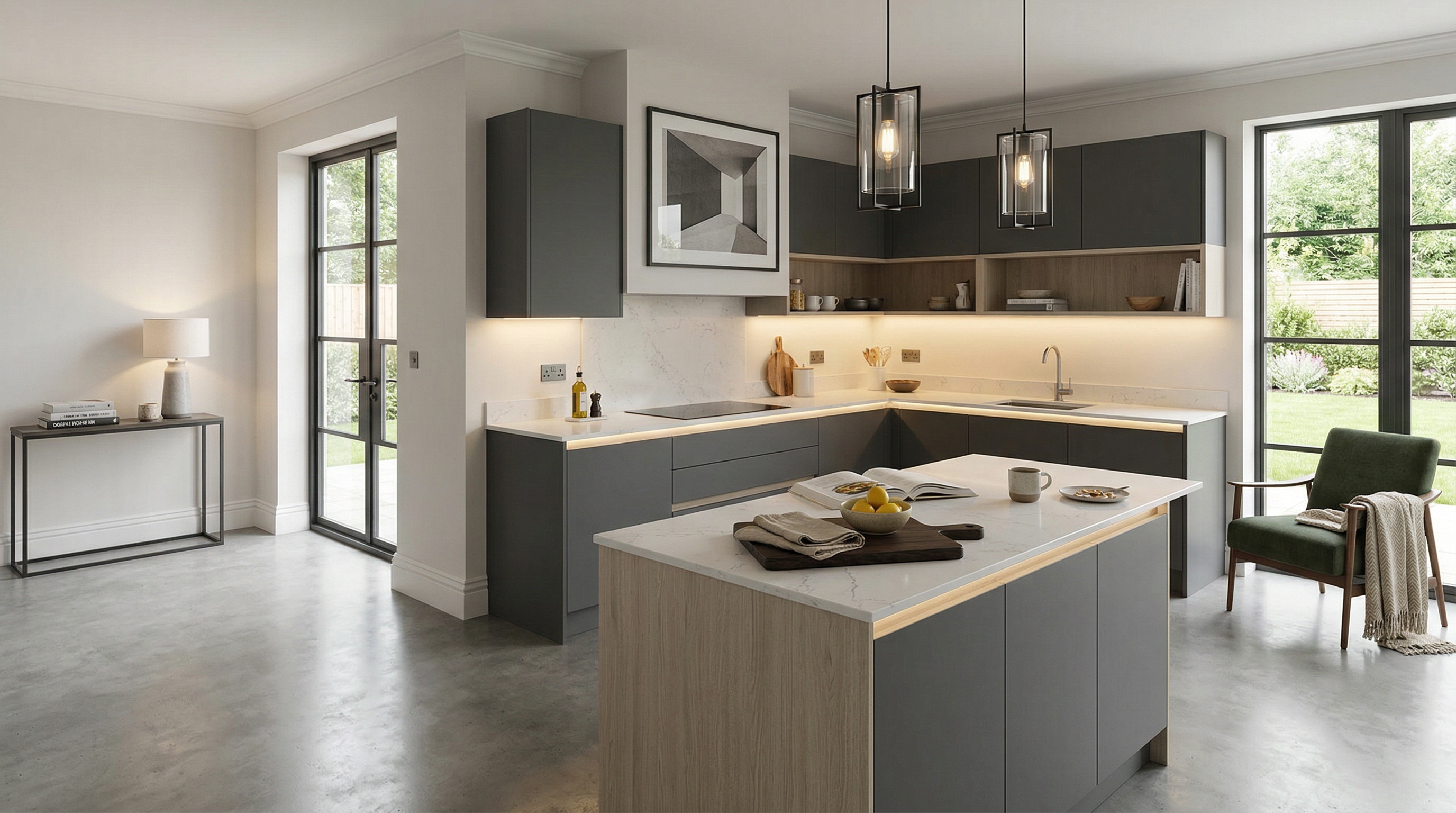 Mastercraft bespoke kitchen in Portishead, wide architectural view showing room volume and design quality