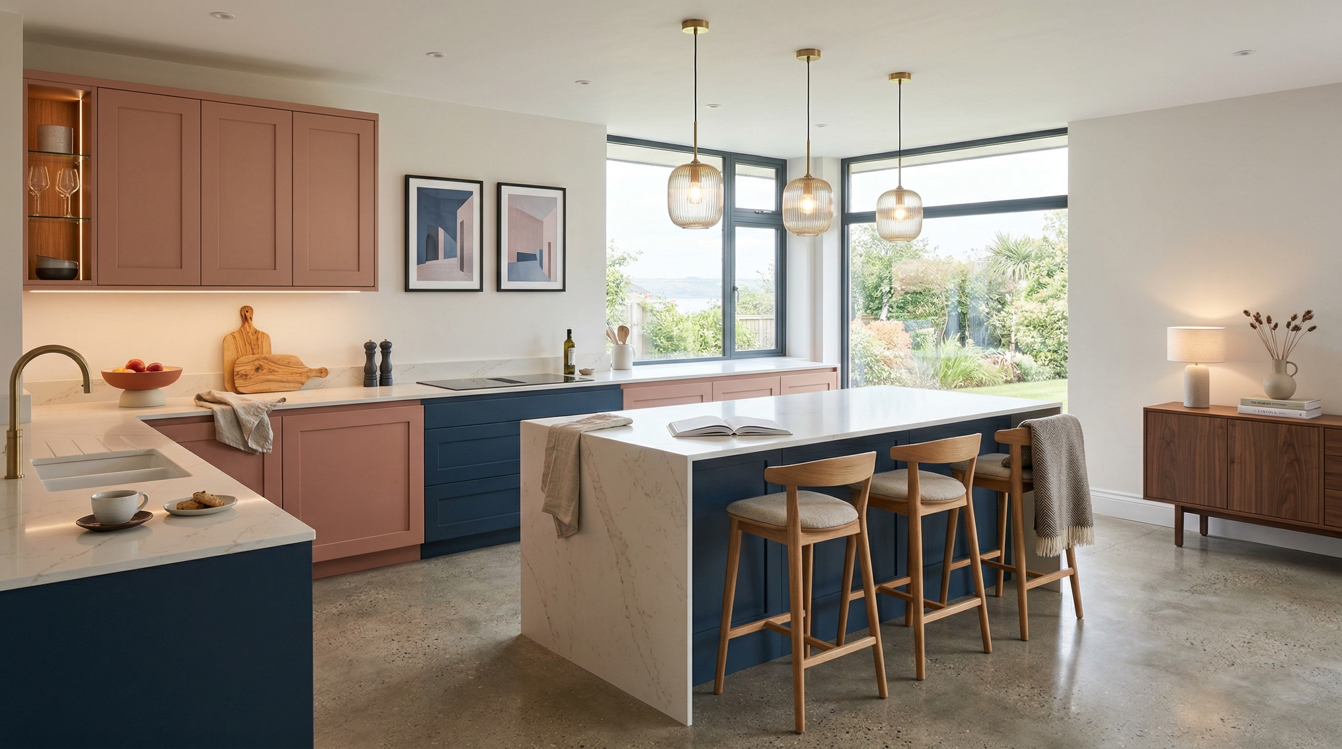 Wide view of a newly completed bespoke Mastercraft kitchen, matt painted handleless slab cabinetry in gunmetal grey tones