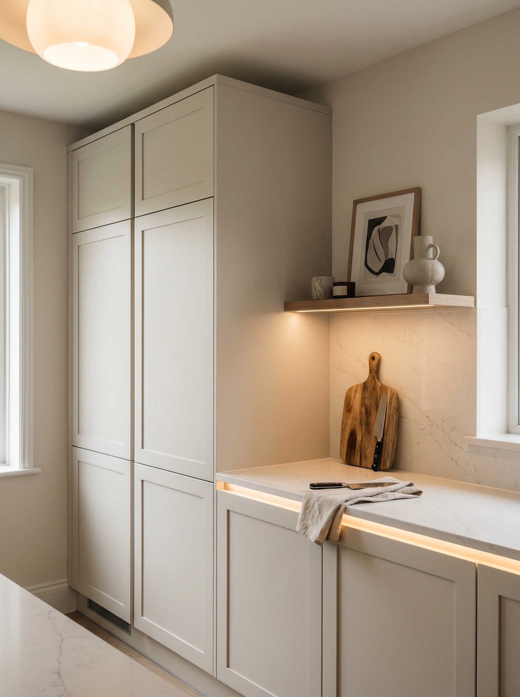 Tall view of full-height bespoke kitchen cabinetry, matt painted handleless slab cabinetry