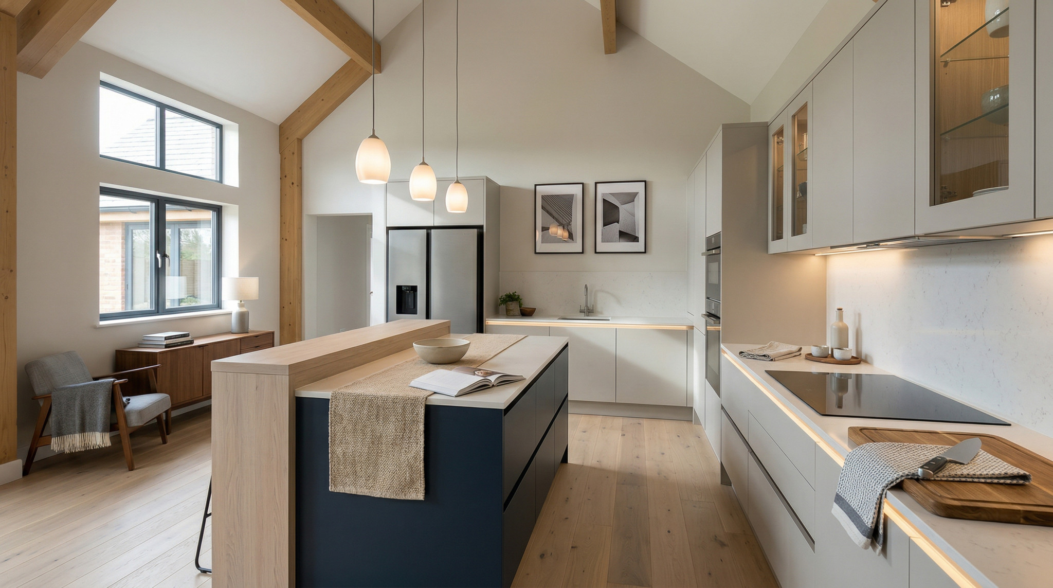 Wide view of a newly completed bespoke Mastercraft kitchen, timber veneer slab-door cabinetry in willow tones