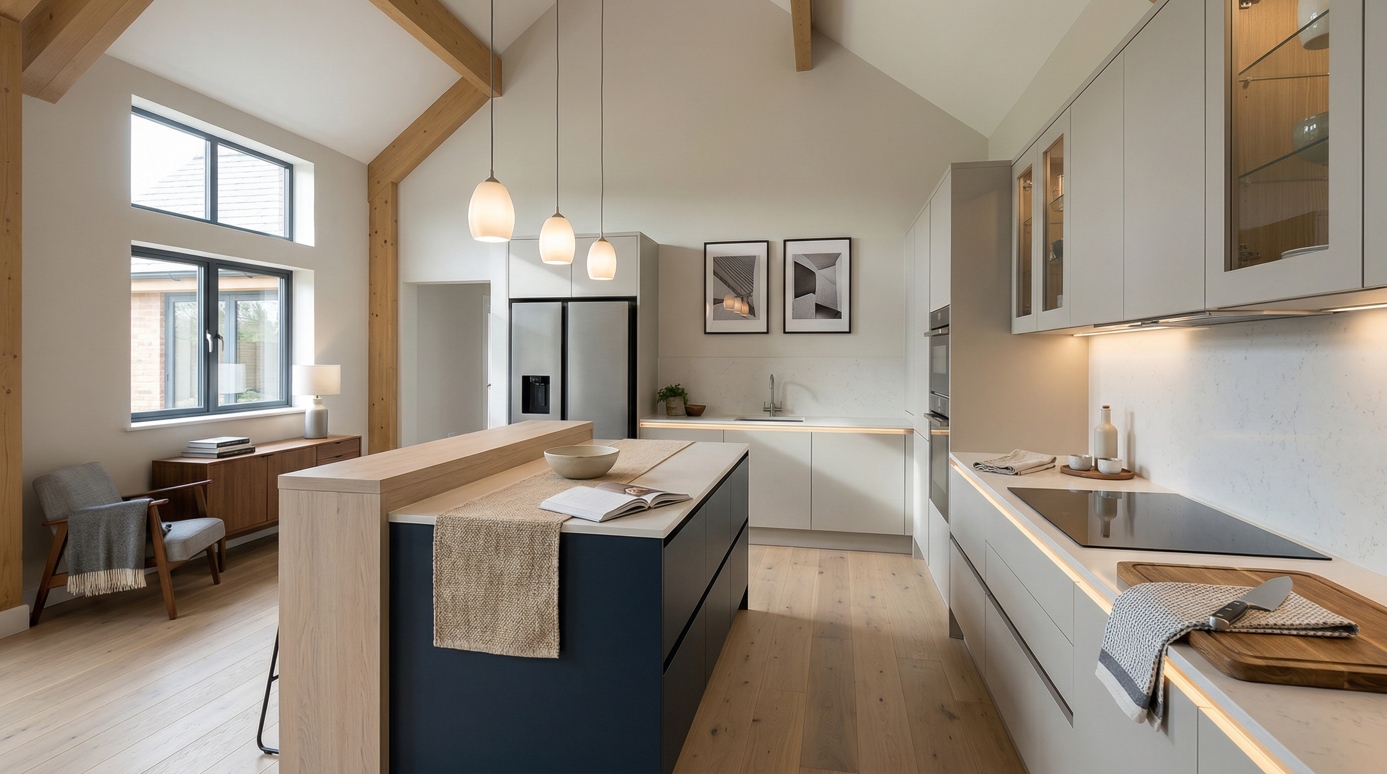 hero_1200x675 Wide view of a newly completed bespoke Mastercraft kitchen, timber veneer slab-door cabinetry in willow tones