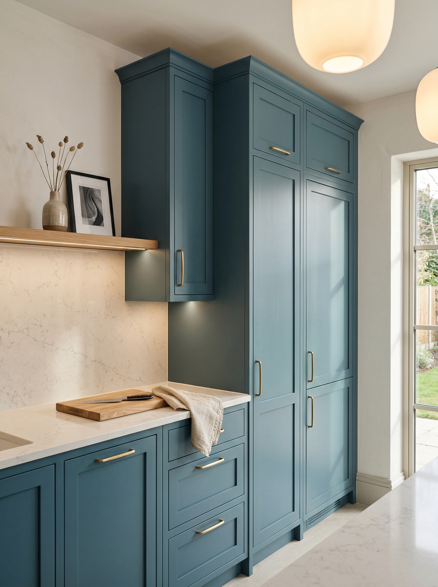 Tall view of full-height bespoke kitchen cabinetry, timber veneer slab-door cabinetry