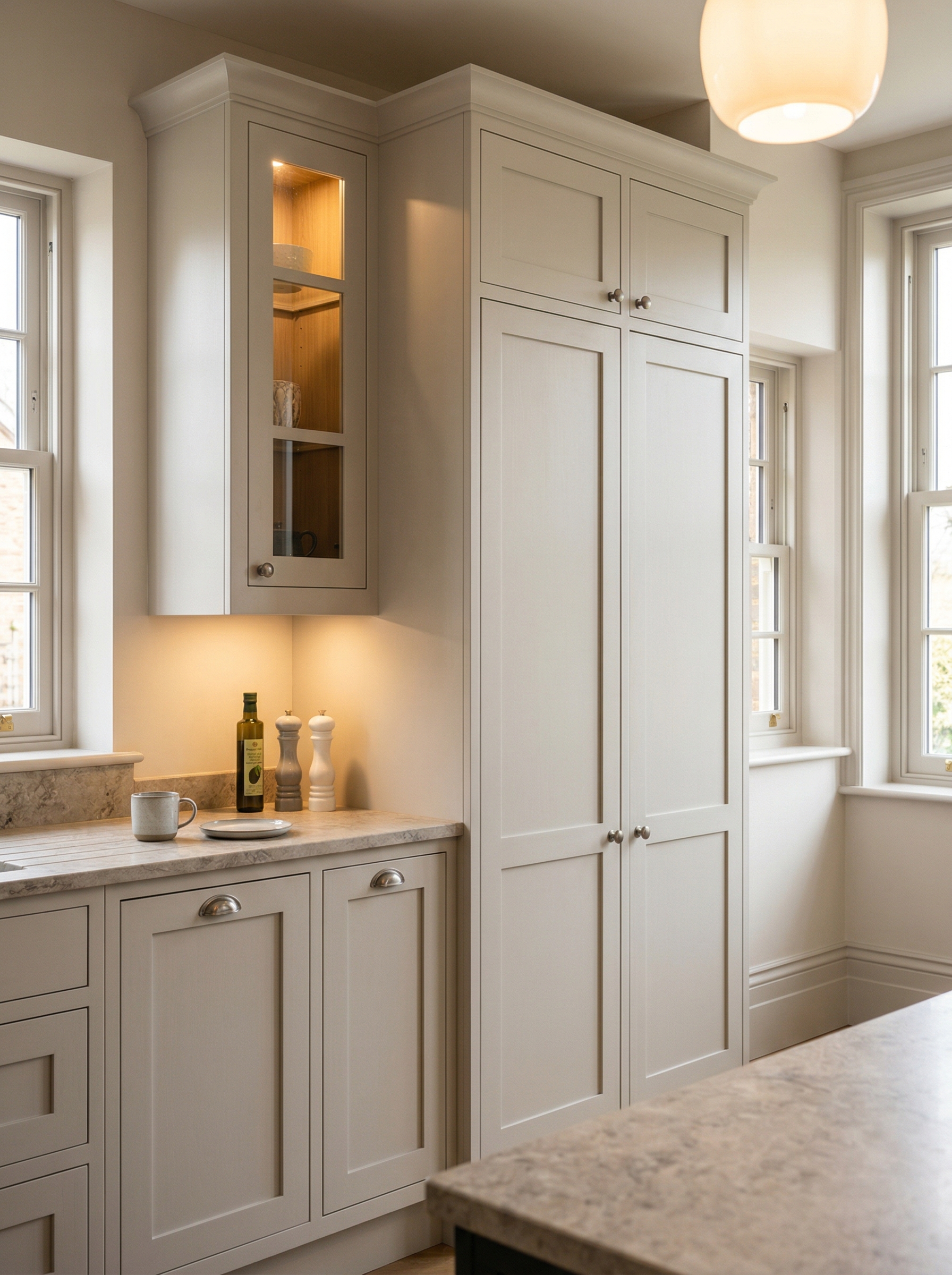 Bespoke kitchen installation, full-height cabinetry and considered storage design