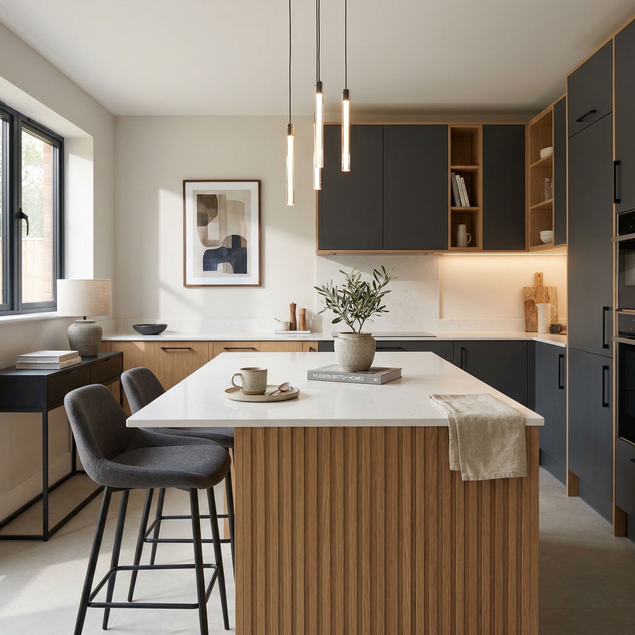 Bespoke kitchen island detail, timber veneer slab-door cabinetry with quality joinery